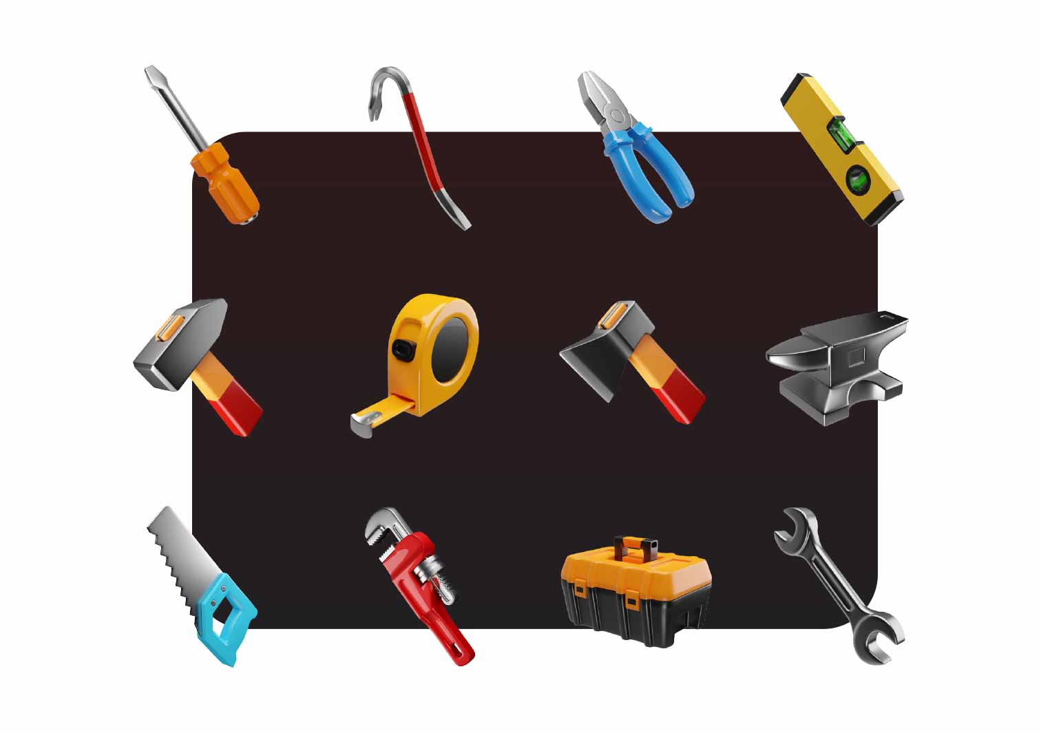Simple 3D icons of construction tools. Transparent PNG with Blender source files.