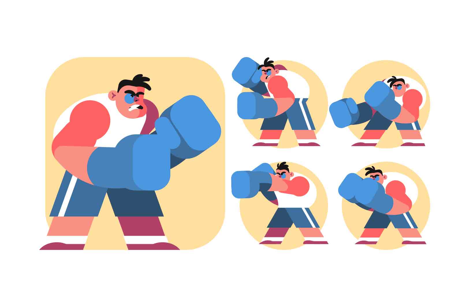 Boxer in Different Poses, vector illustration. Man wearing blue gloves, red shorts, and a blue tank top demonstrates boxing moves.