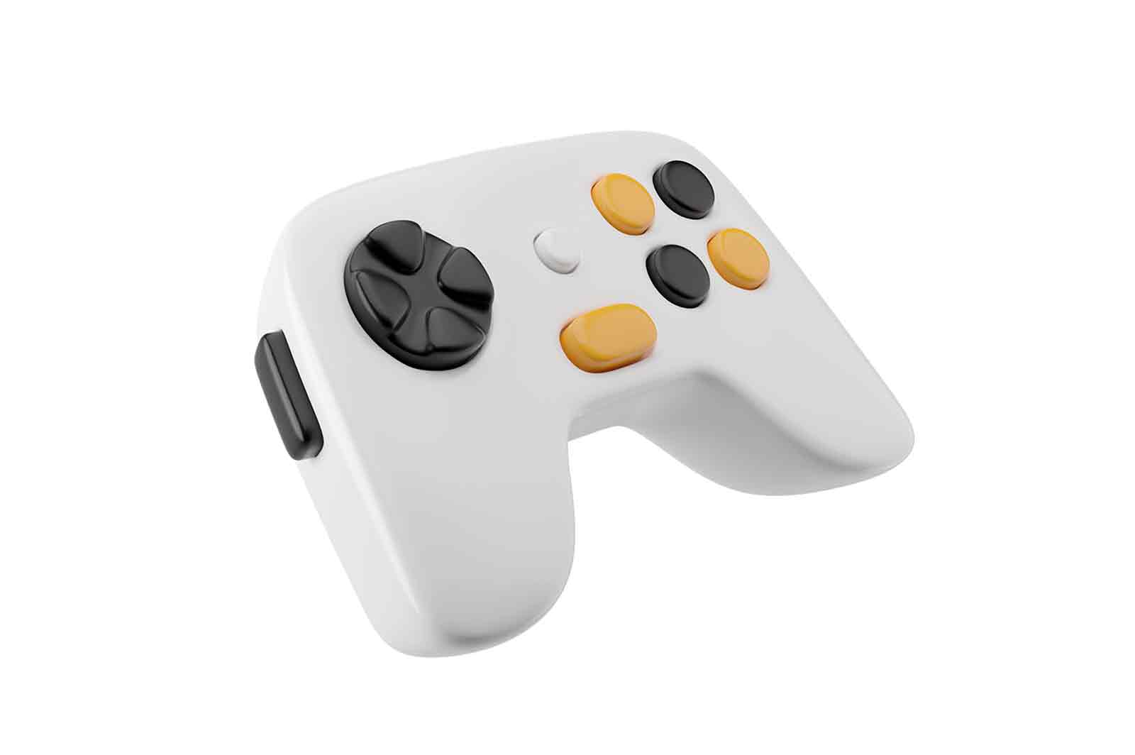 Gaming controller, 3d rendered illustration, with black and yellow buttons and white body. Isolated on white background, realistic look.