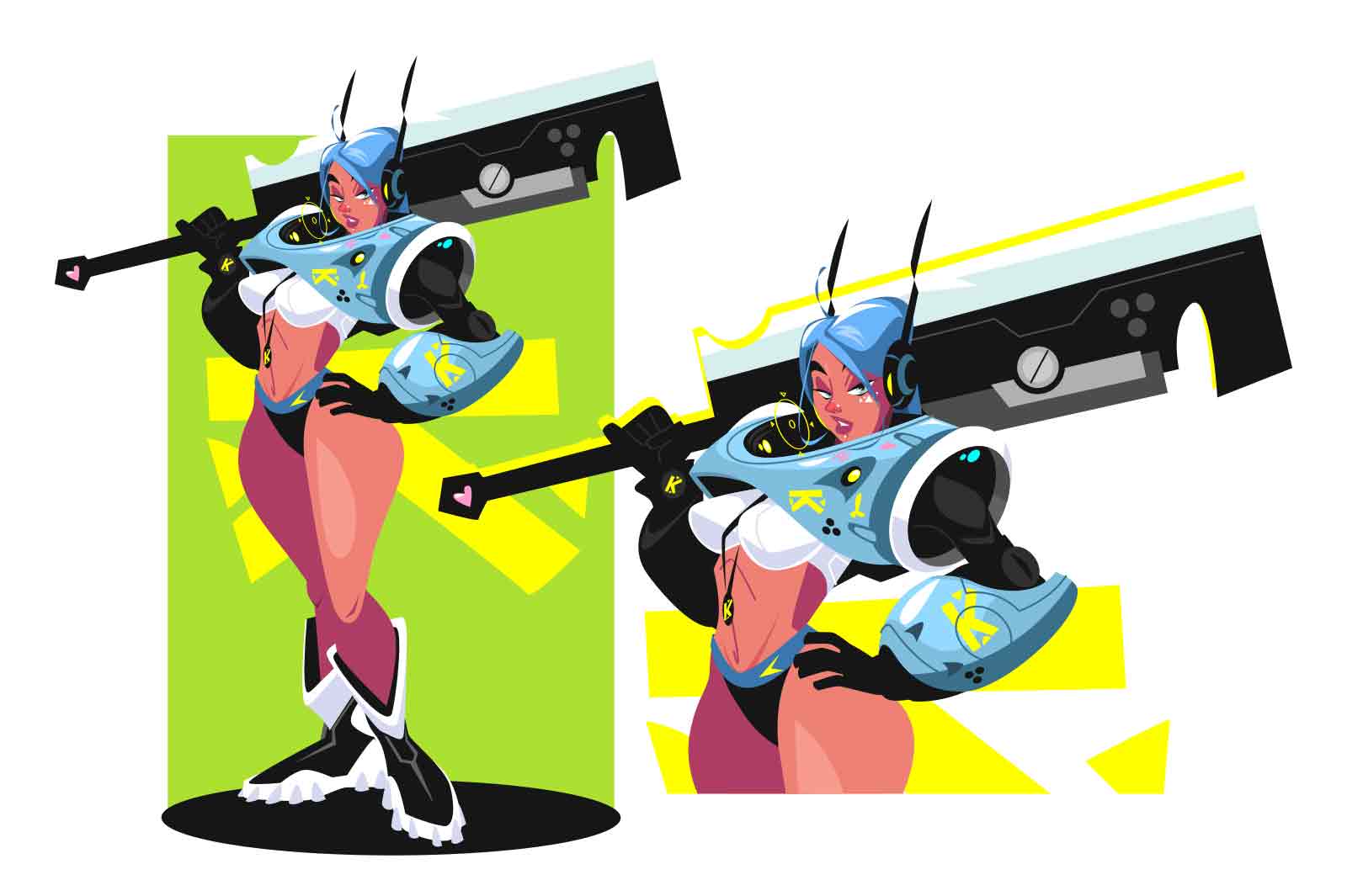 Futuristic female warrior, vector illustration. Woman with a gun and a helmet in a green and yellow background.