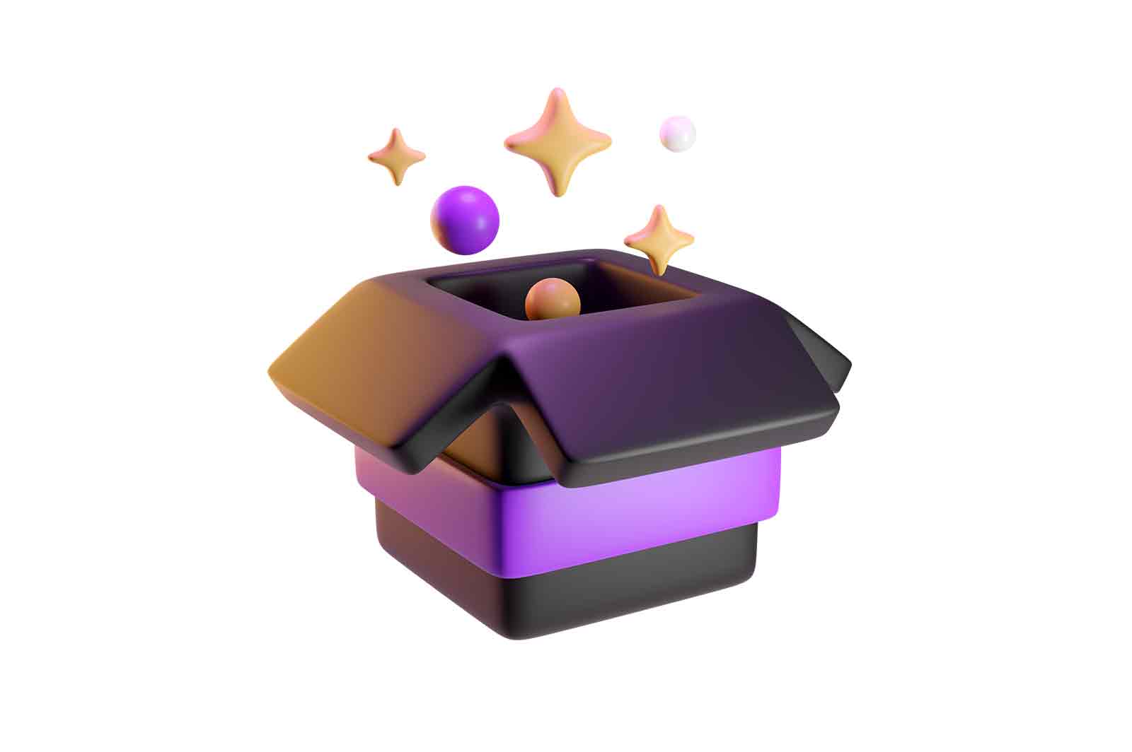 Purple and black gift box, 3D rendered illustration. A festive surprise with magical effects.