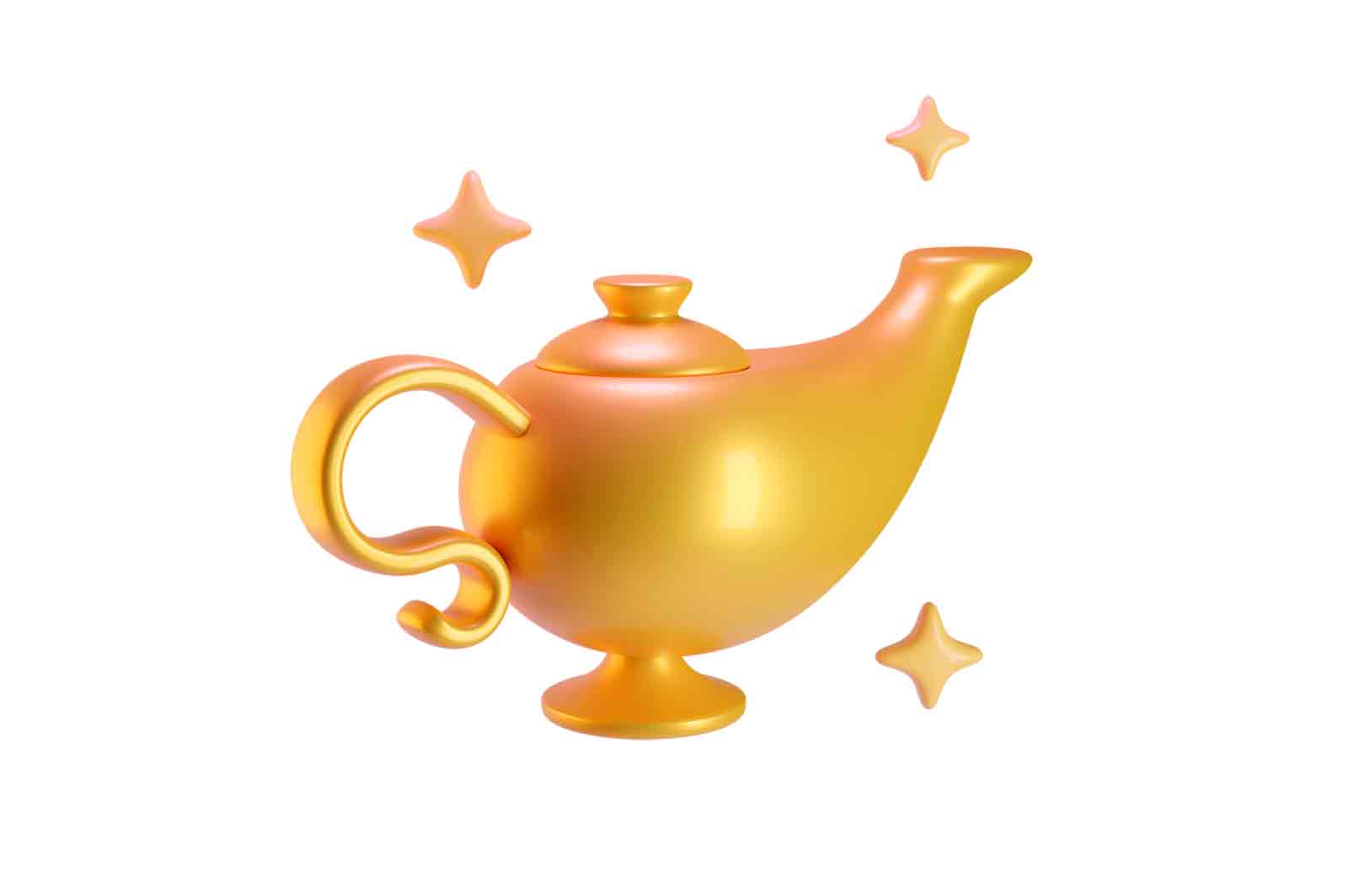 Golden genie lamp, 3D rendered illustration. A magical artifact that can grant wishes.