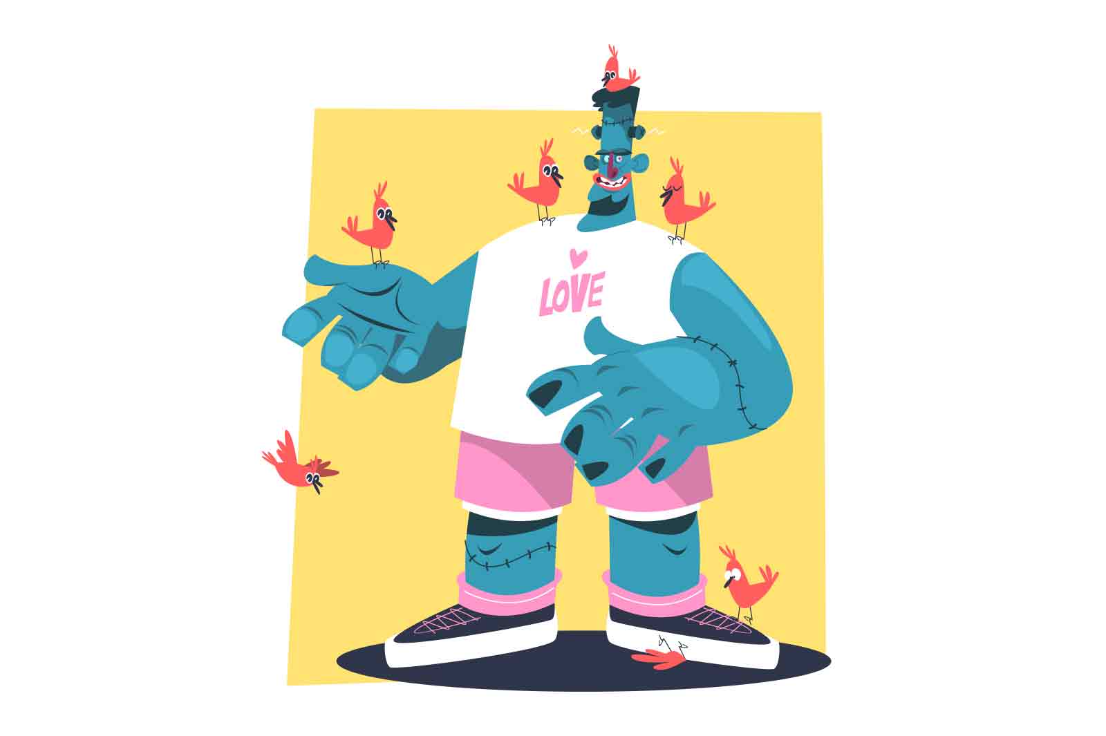 Friendly Monster with Love Birds, vector illustration. Cute and cheerful monster with blue skin and pink heart on his shirt is surrounded by colorful birds on his head and hands.