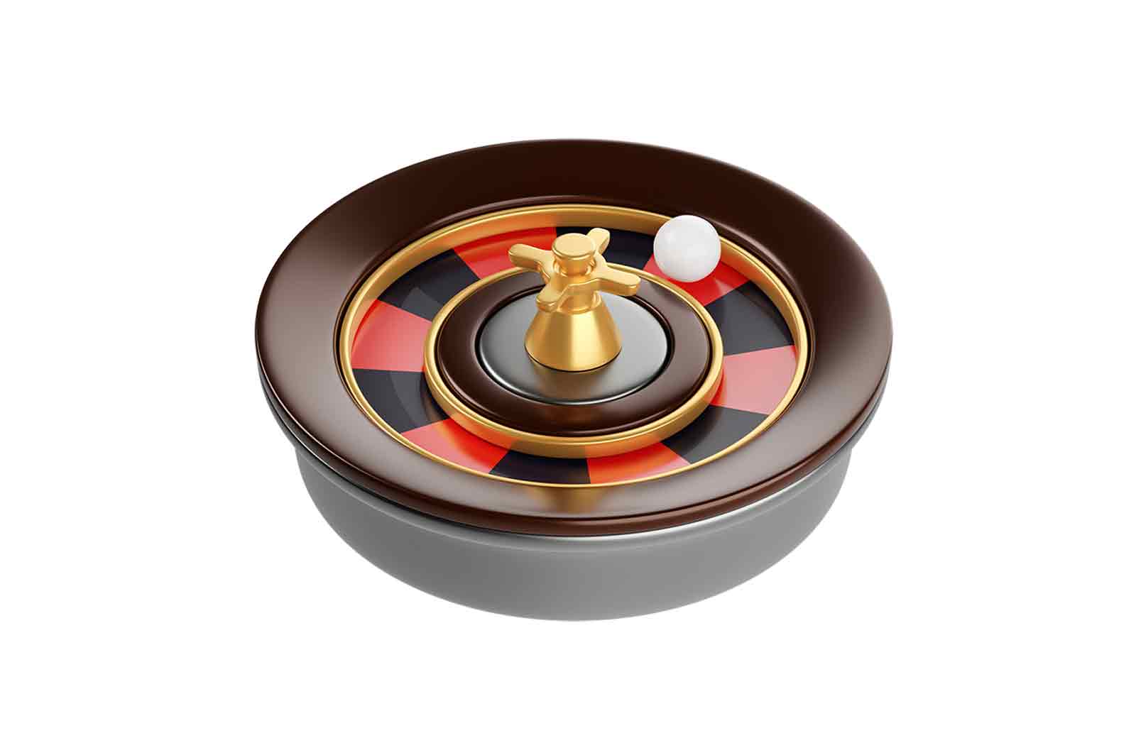 Roulette Wheel, 3D Rendered Illustration of a brown wheel with a gold handle and red and black sections with numbers. The image shows a white ball on the wheel, indicating the outcome of a spin. The image represents gambling, casino, and luck.
