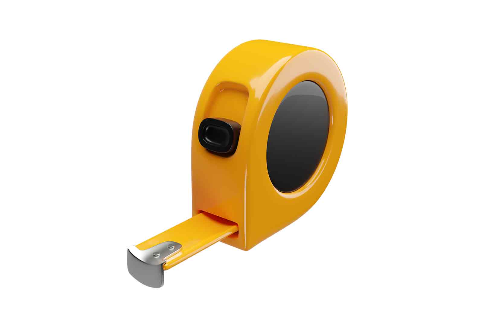 Yellow tape measure on white background, 3d rendered illustration. A flexible ruler that is used for measuring length or distance.