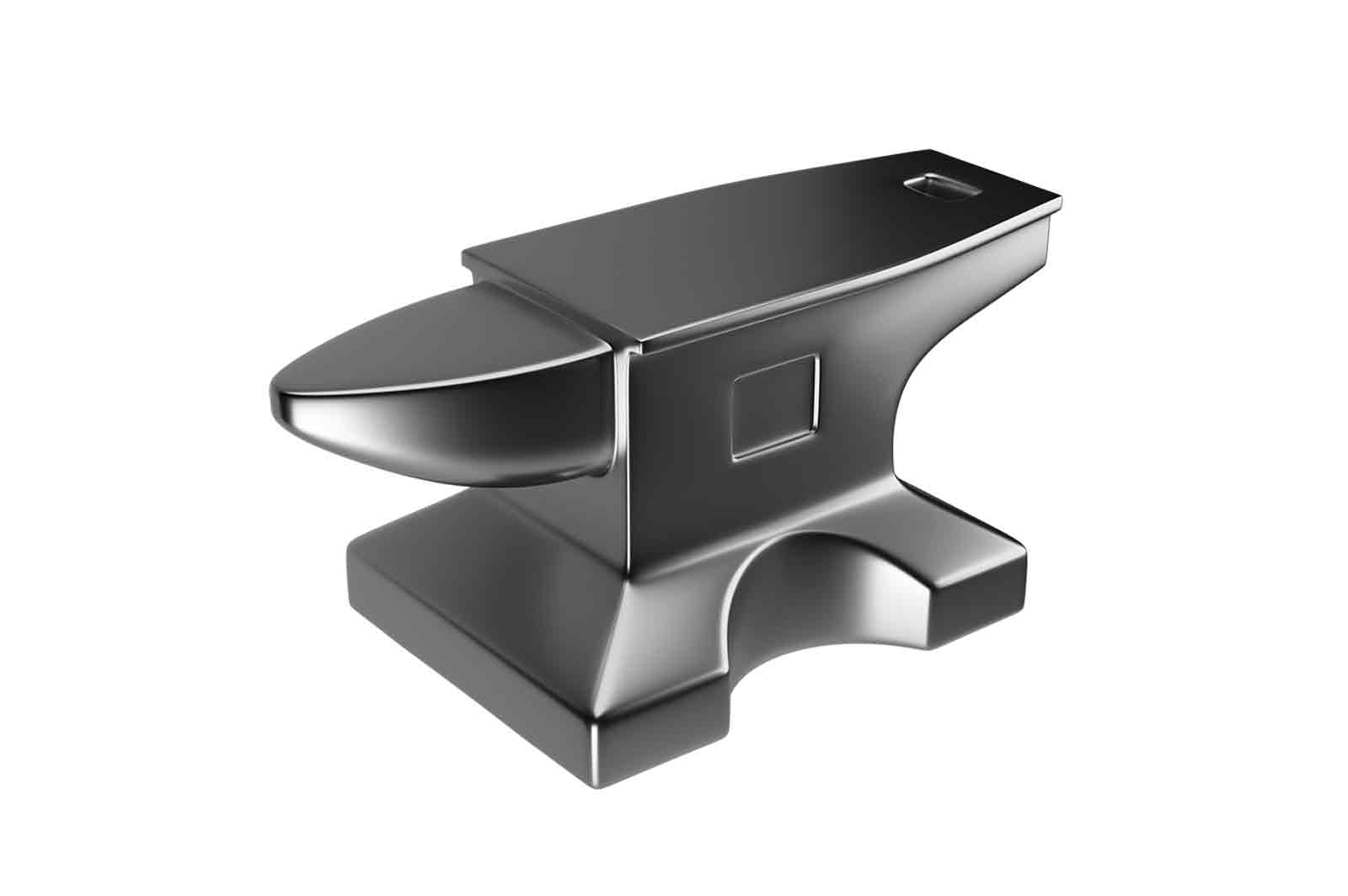 Metallic anvil on white background, 3d rendered illustration. A heavy iron block with a flat top and a curved base, used for shaping metal by hammering.