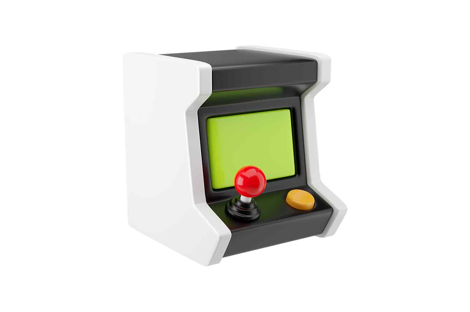 3D rendered illustration of mini arcade game machine. Green screen, red joystick, yellow button. isolated on white background.