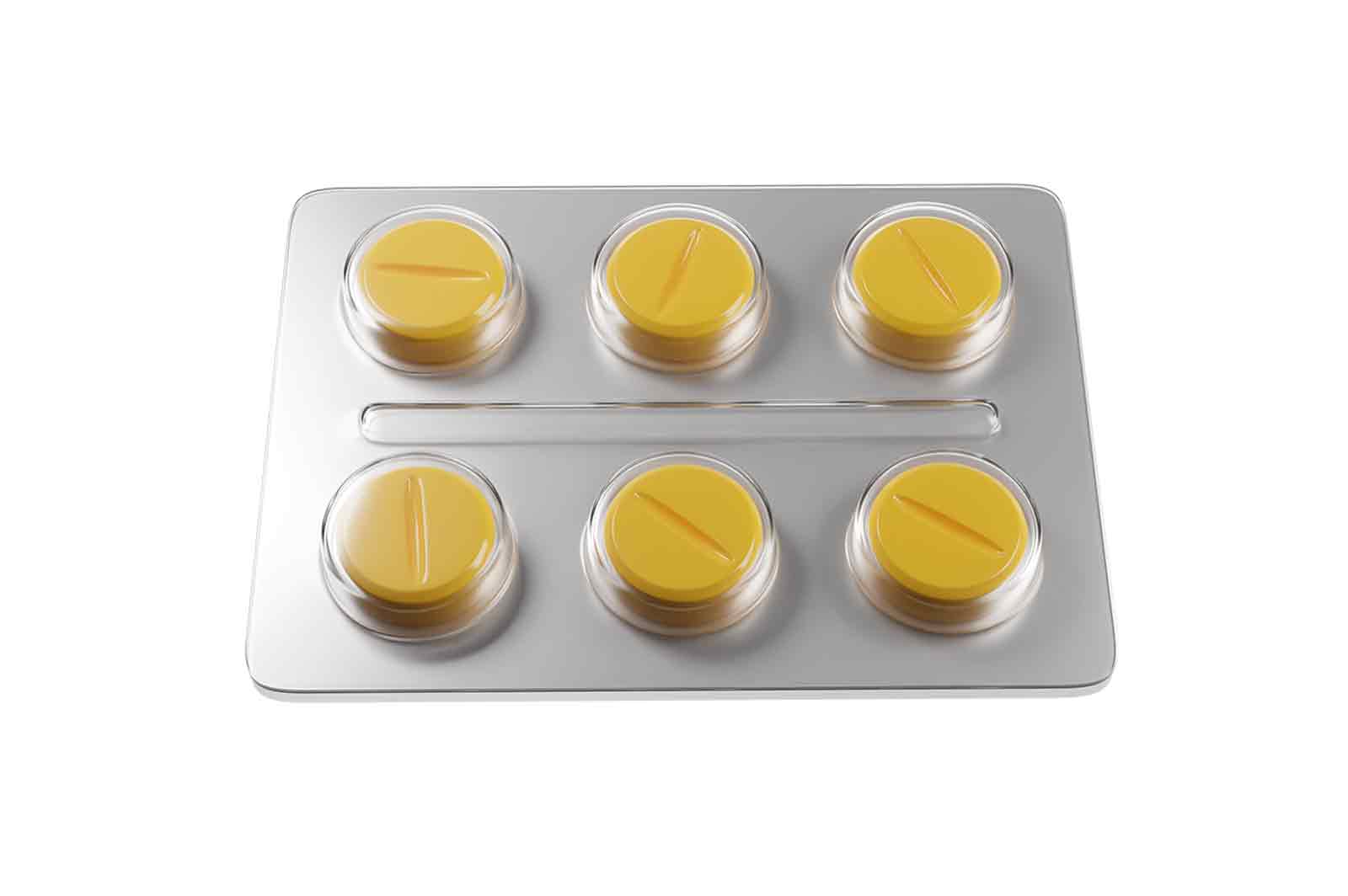 Blister pack of yellow pills, 3d rendered illustration. A convenient and hygienic way of packaging and dispensing oral medications.