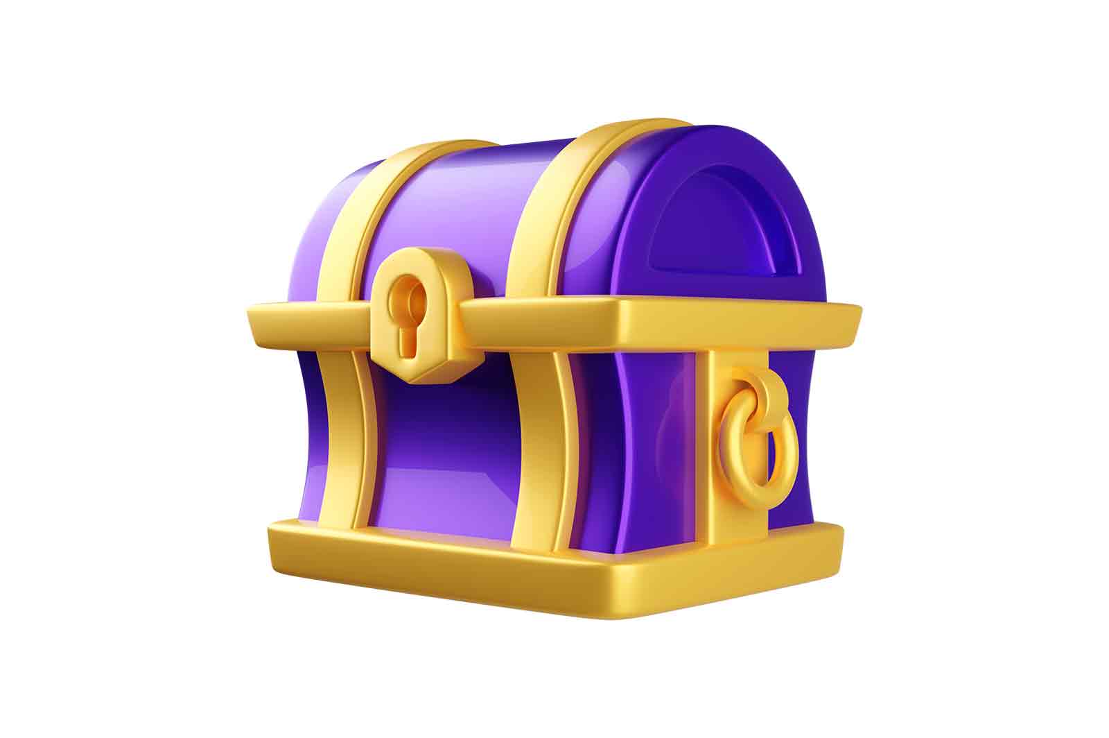 Purple and gold treasure chest, 3d rendered illustration. Symbol of wealth, mystery, or adventure.