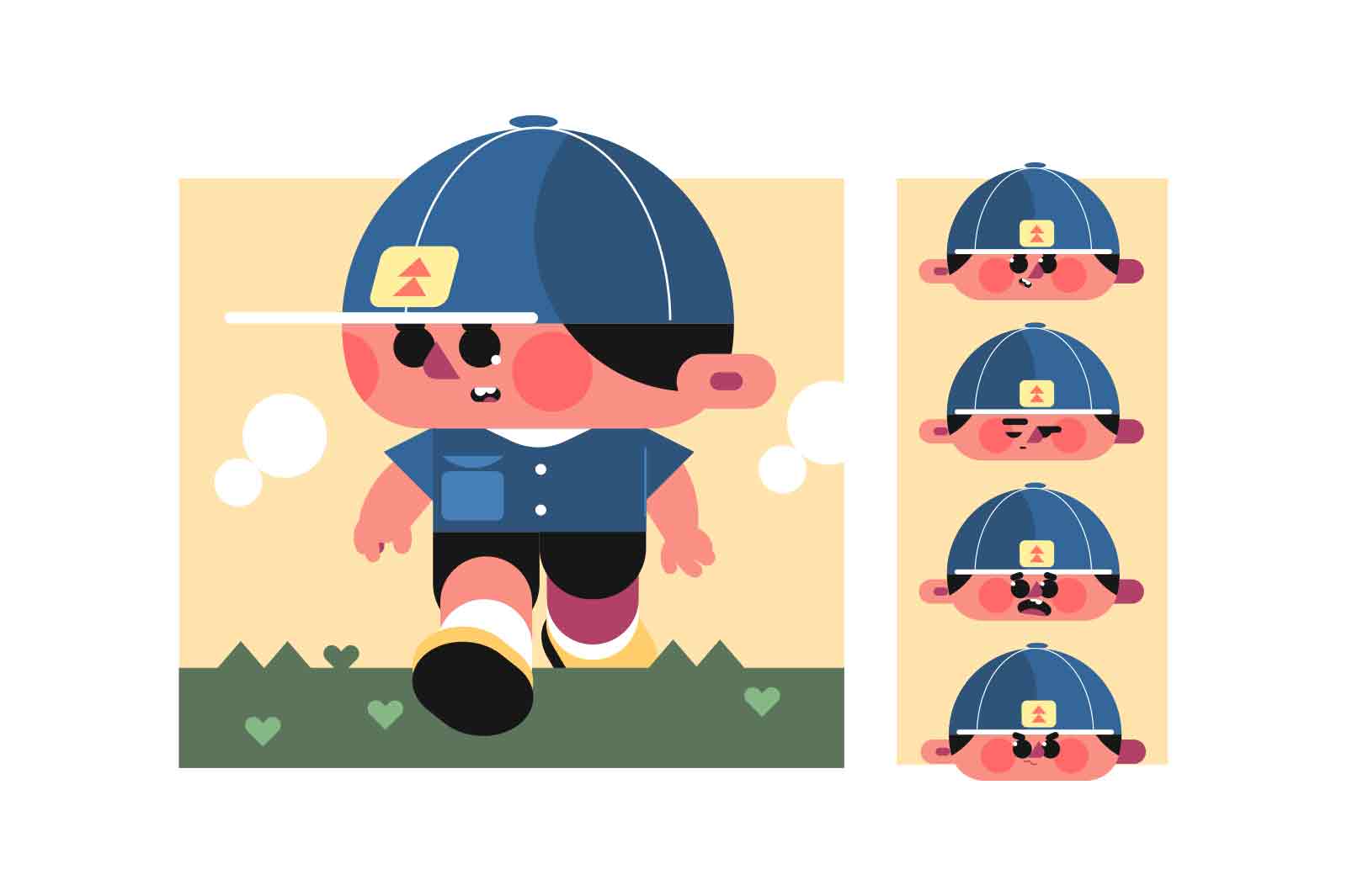 Boy walking on grassy field, Vector illustration of cartoon character with pink face and blue baseball cap.