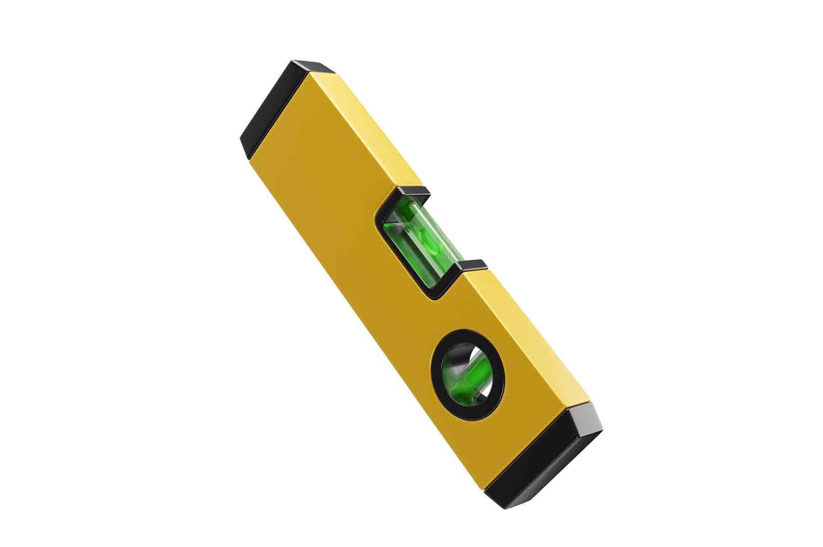 Yellow spirit level with green bubbles, 3d rendered illustration. A device used for determining whether a surface is horizontal or vertical.