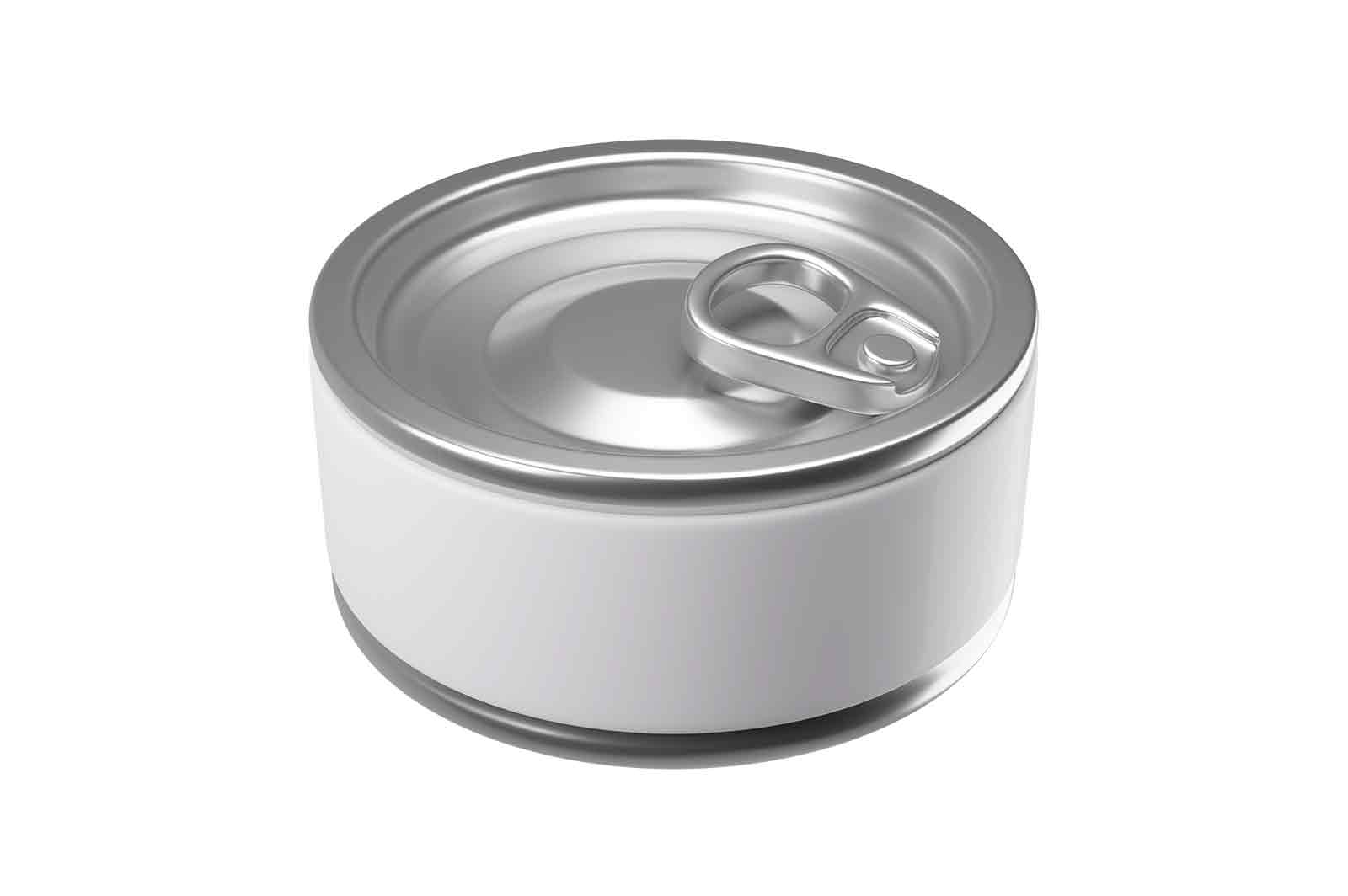 Metal can, 3d rendered illustration of a closed container with a pull-tab lid. The can is silver-colored and round, and has a slight shadow on a white background