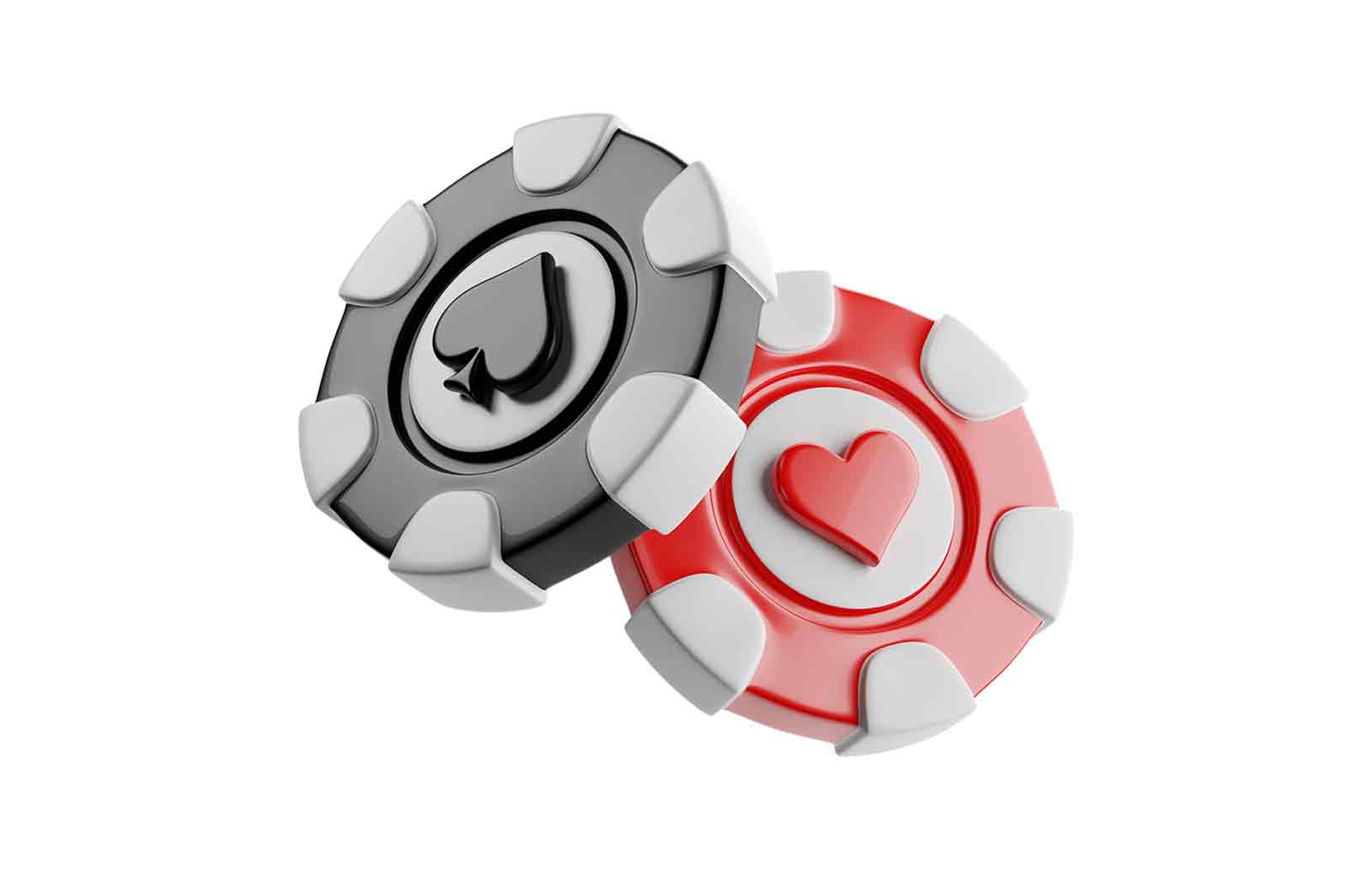 Poker Chips, 3D Rendered Illustration of two overlapping chips, one red with a white heart and one gray with a black spade. The image depicts motion, gambling, and card games.