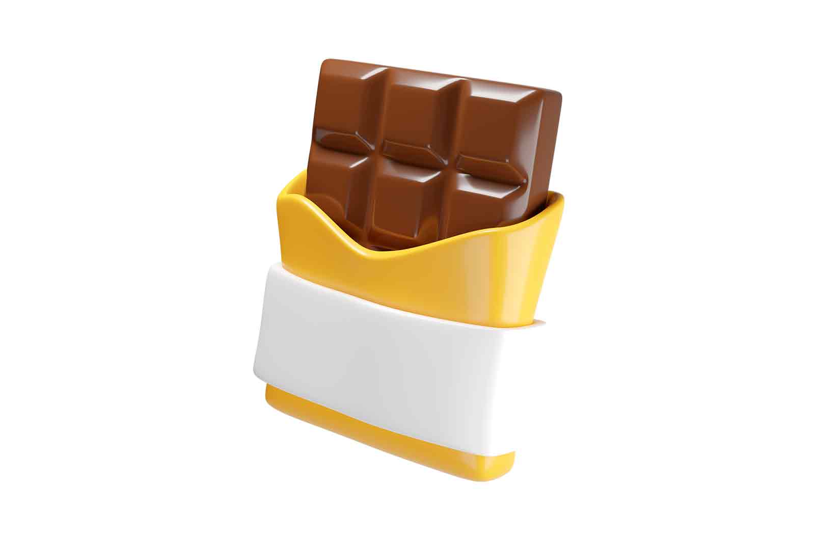 Chocolate bar, 3d rendered illustration of a delicious snack in a yellow and white wrapper.
