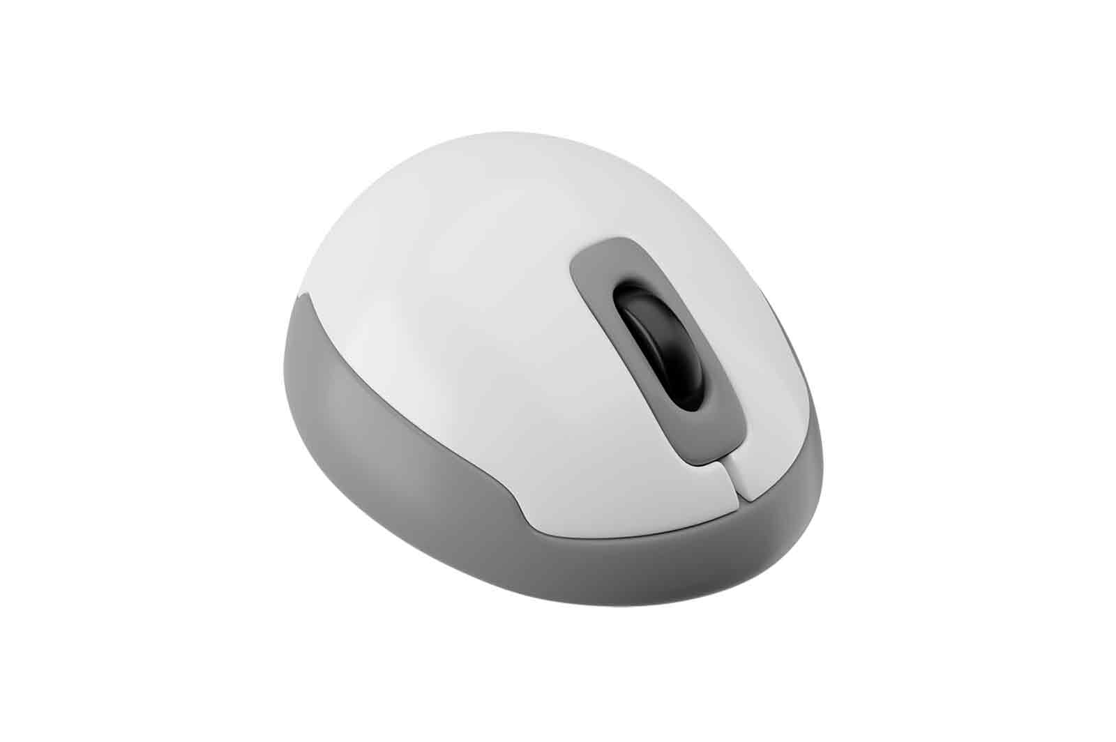 Wireless computer mouse, 3D rendered illustration. White and grey with black scroll wheel and two buttons.