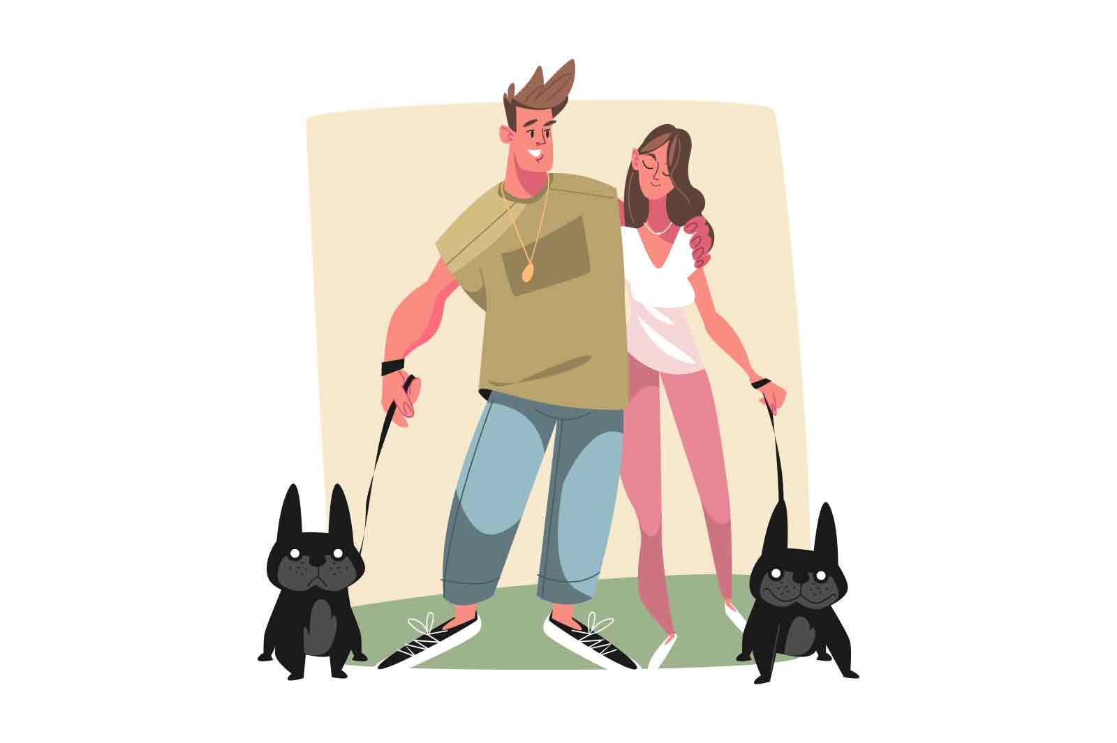 Couple walking two French bulldogs, vector illustration. Man and woman holding hands and leashes of their black dogs.