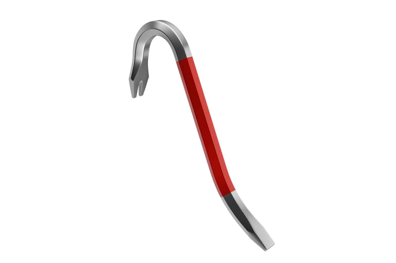 Red and silver crowbar, 3d rendered illustration. A metal bar with a curved end and a flat end, used for prying open or levering objects.