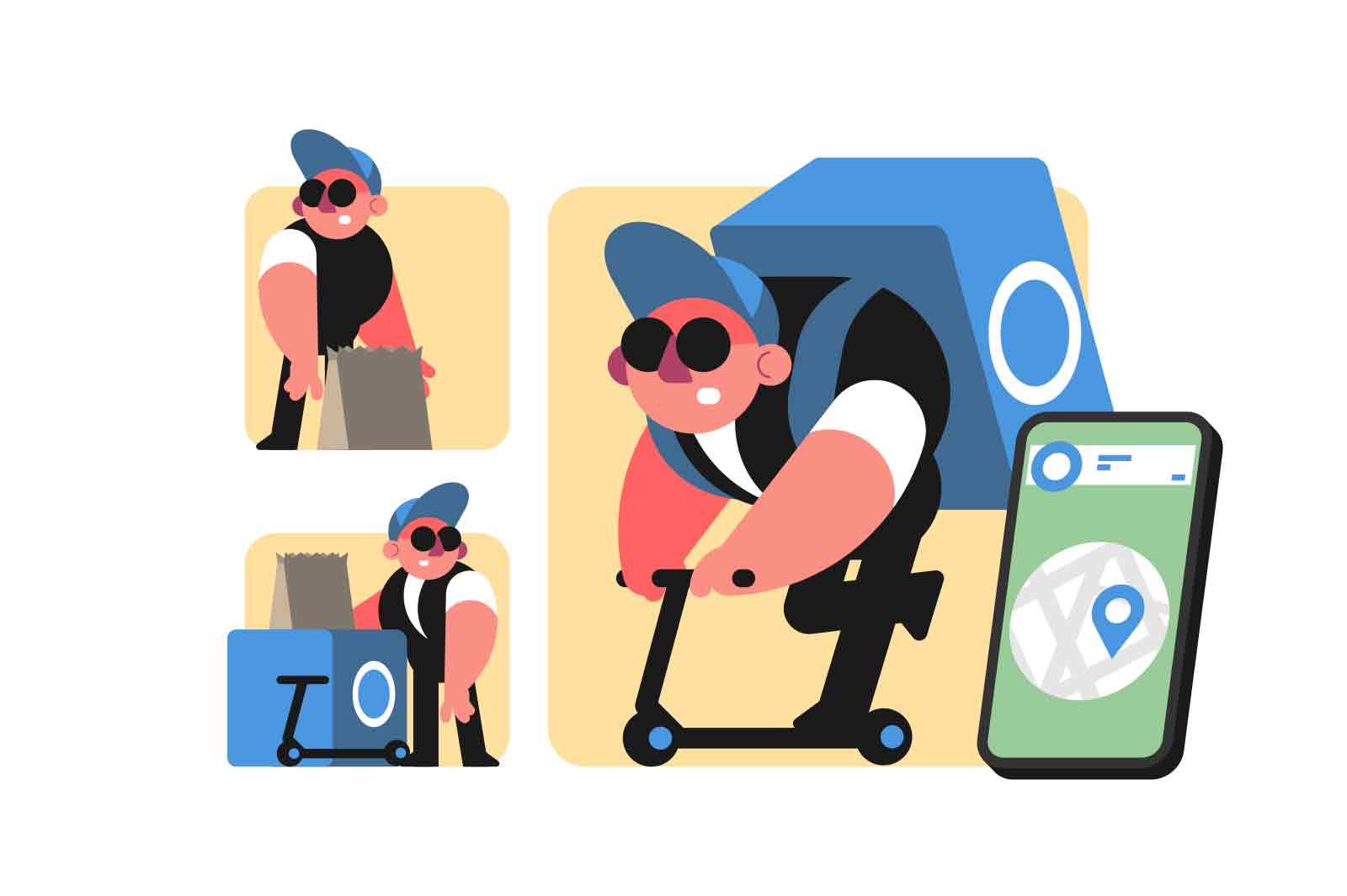 Delivery Man with Package on Scooter, vector illustration. A courier wearing a red cap and sunglasses delivers a parcel on a blue scooter