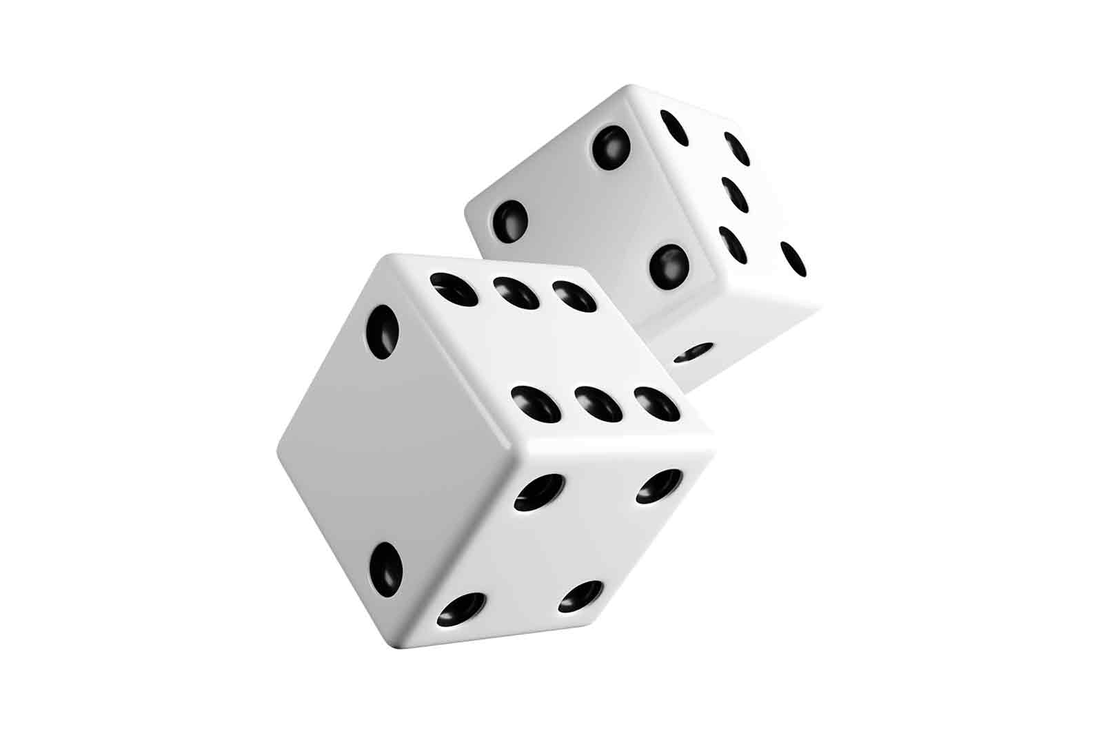 Dice Roll, 3D Rendered Illustration of two white dice with black dots in mid-air, showing six and two. The image represents chance, luck, gambling, and probability.