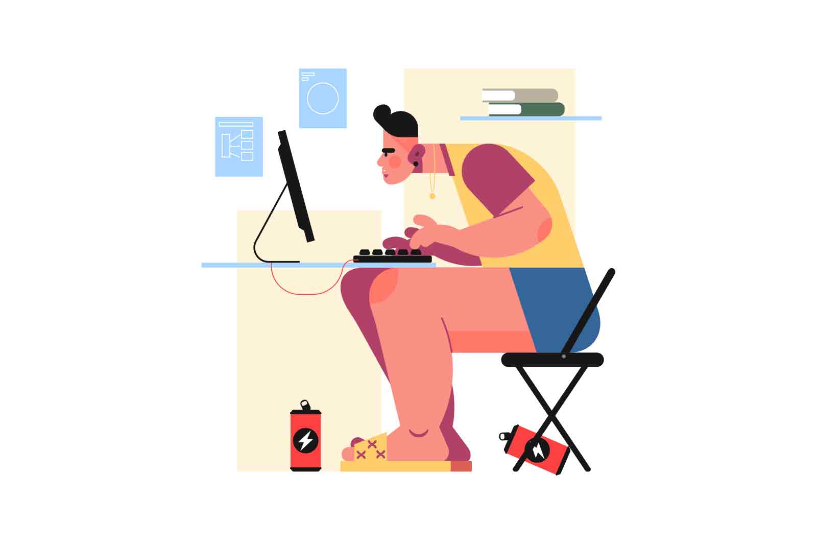 The guy sitting by computer with focused interest, vector illustration. Working hard, concept.