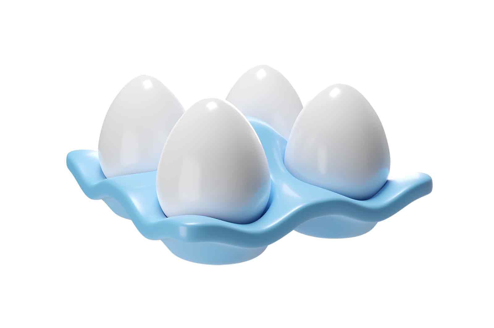 Egg tray, 3d rendered illustration of a blue container with four white eggs.