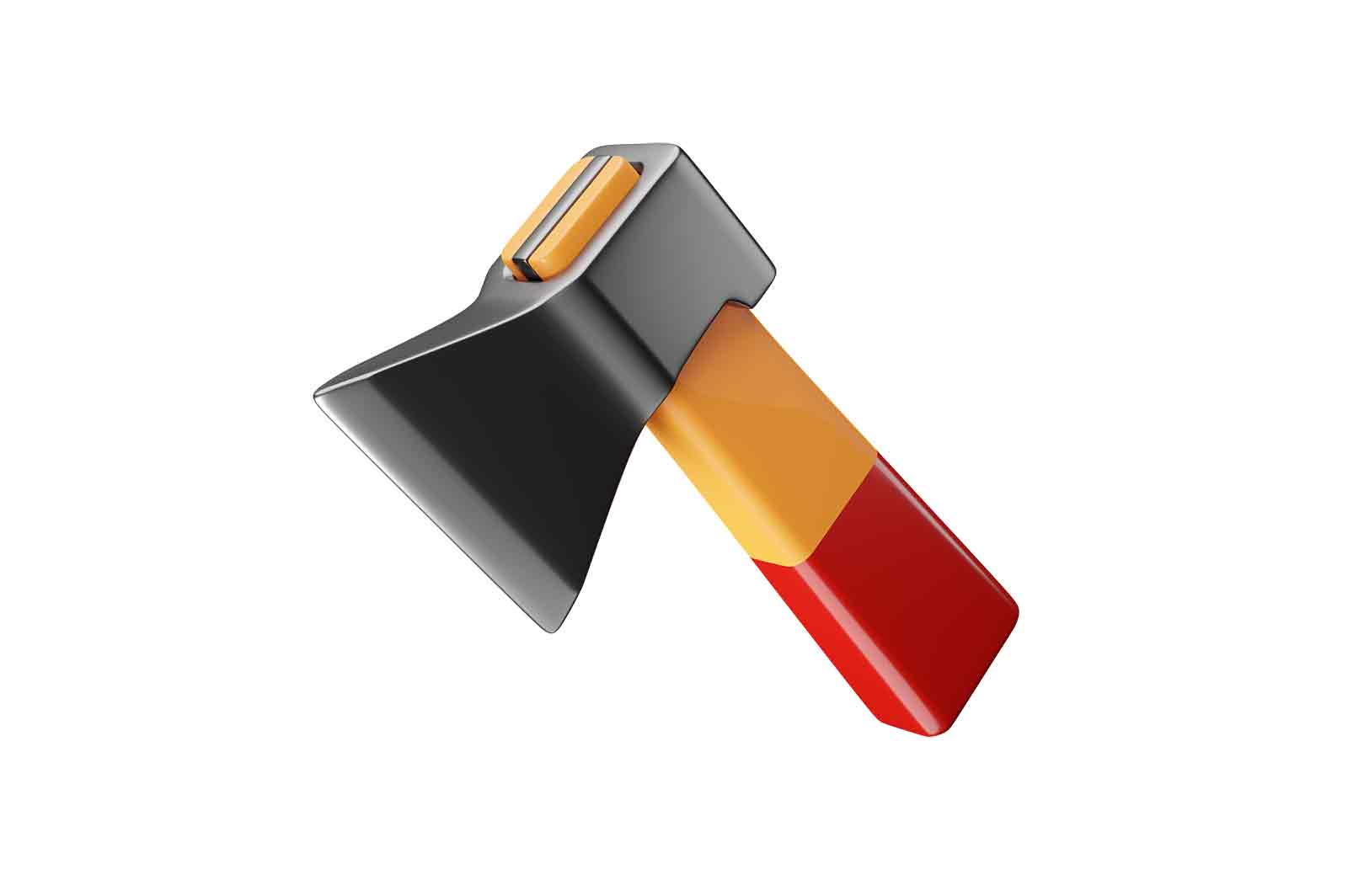 Black axe with red and yellow handle, 3d rendered illustration. A cutting tool used for chopping wood, splitting logs, or felling trees.