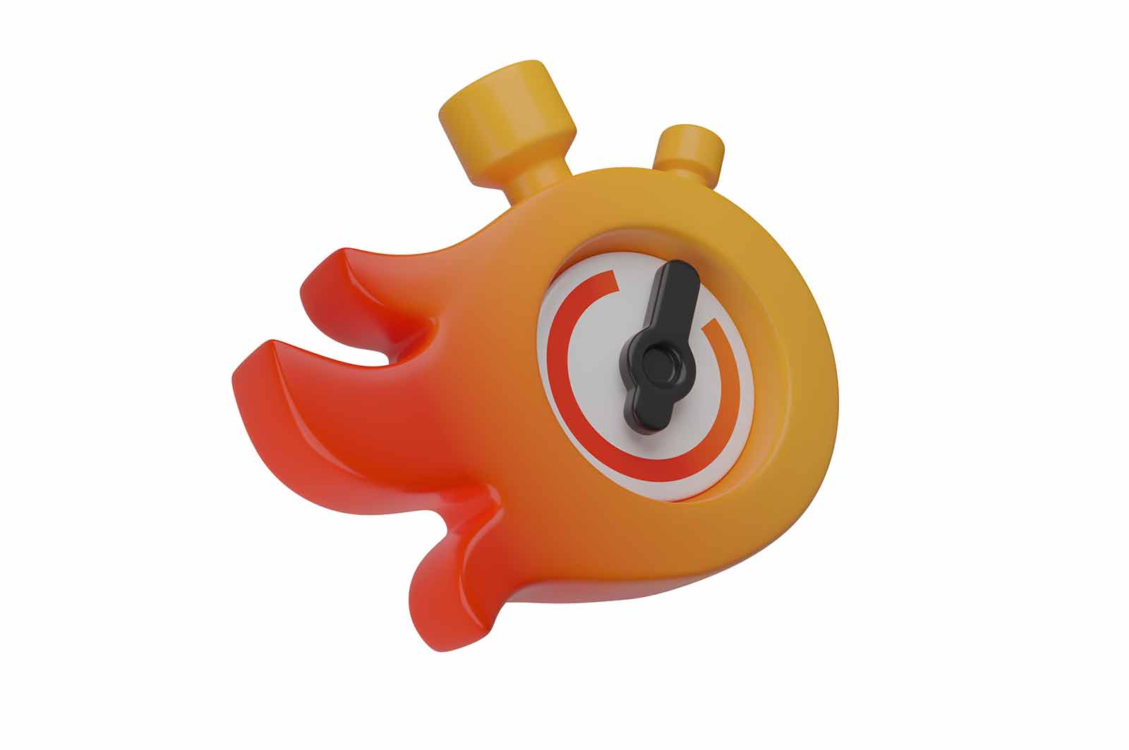 Stopwatch with flame is a 3d rendered illustration of a silver stopwatch with a red button and a black dial. The stopwatch has a body shaped like a flame, symbolizing speed, energy, and passion.