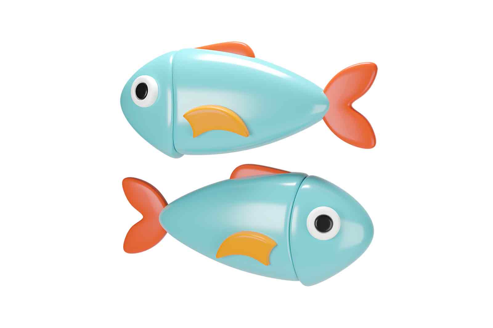 Fish, 3d rendered illustration of two identical plastic toys in light blue and orange colors.