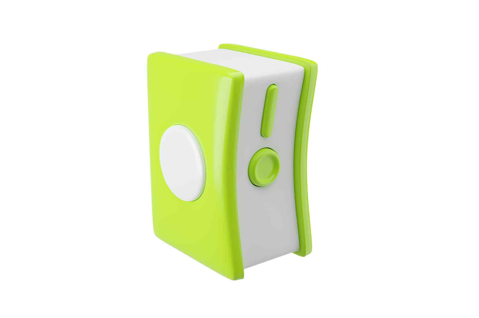 3D rendered illustration of game console Device. White with green screen, yellow directional pad, and two black buttons.