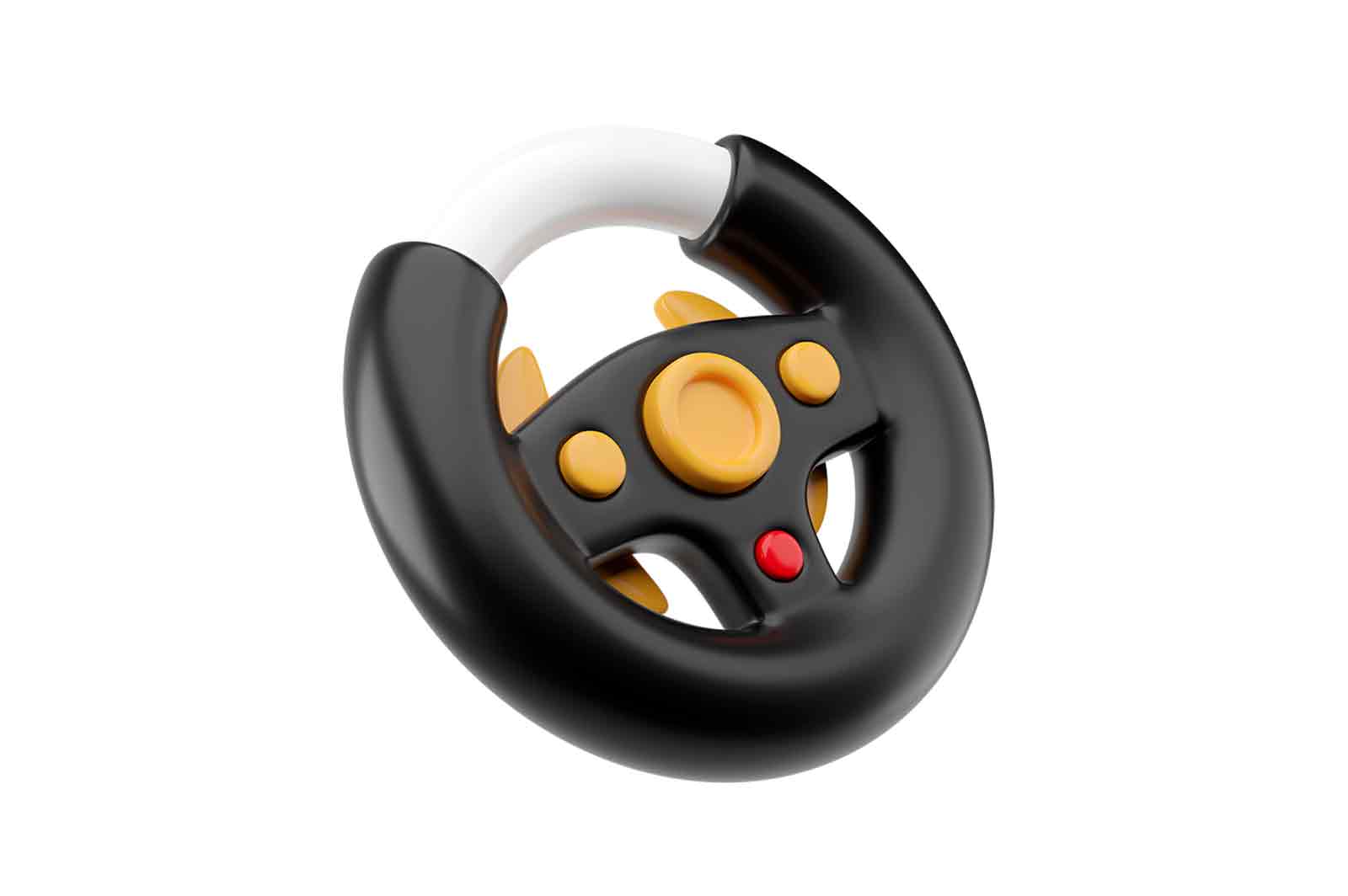 steering wheel controller, 3d rendered illustration, with yellow and red buttons and black and white body. Isolated on white background, realistic look.