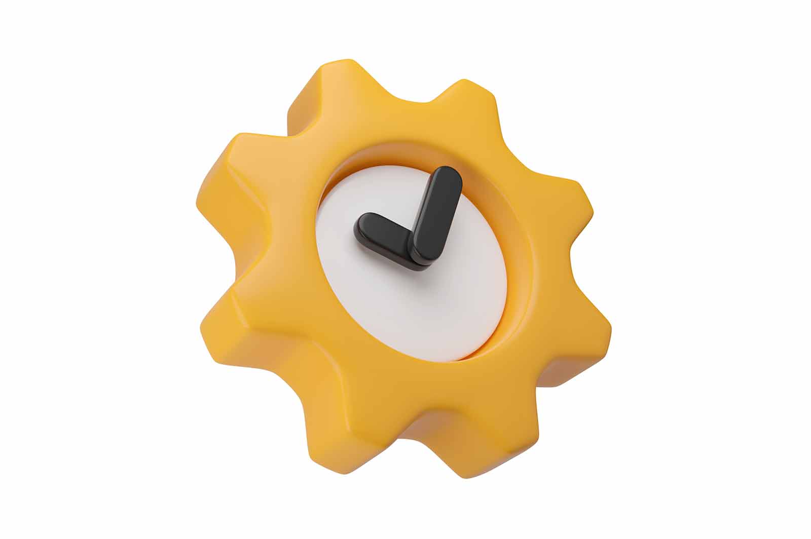Gear clock is a 3d rendered illustration of a yellow gear shaped clock with a white face and black hands. It indicates 12 o’clock, the start or end of a cycle. It represents the concept of time, mechanism, or efficiency.