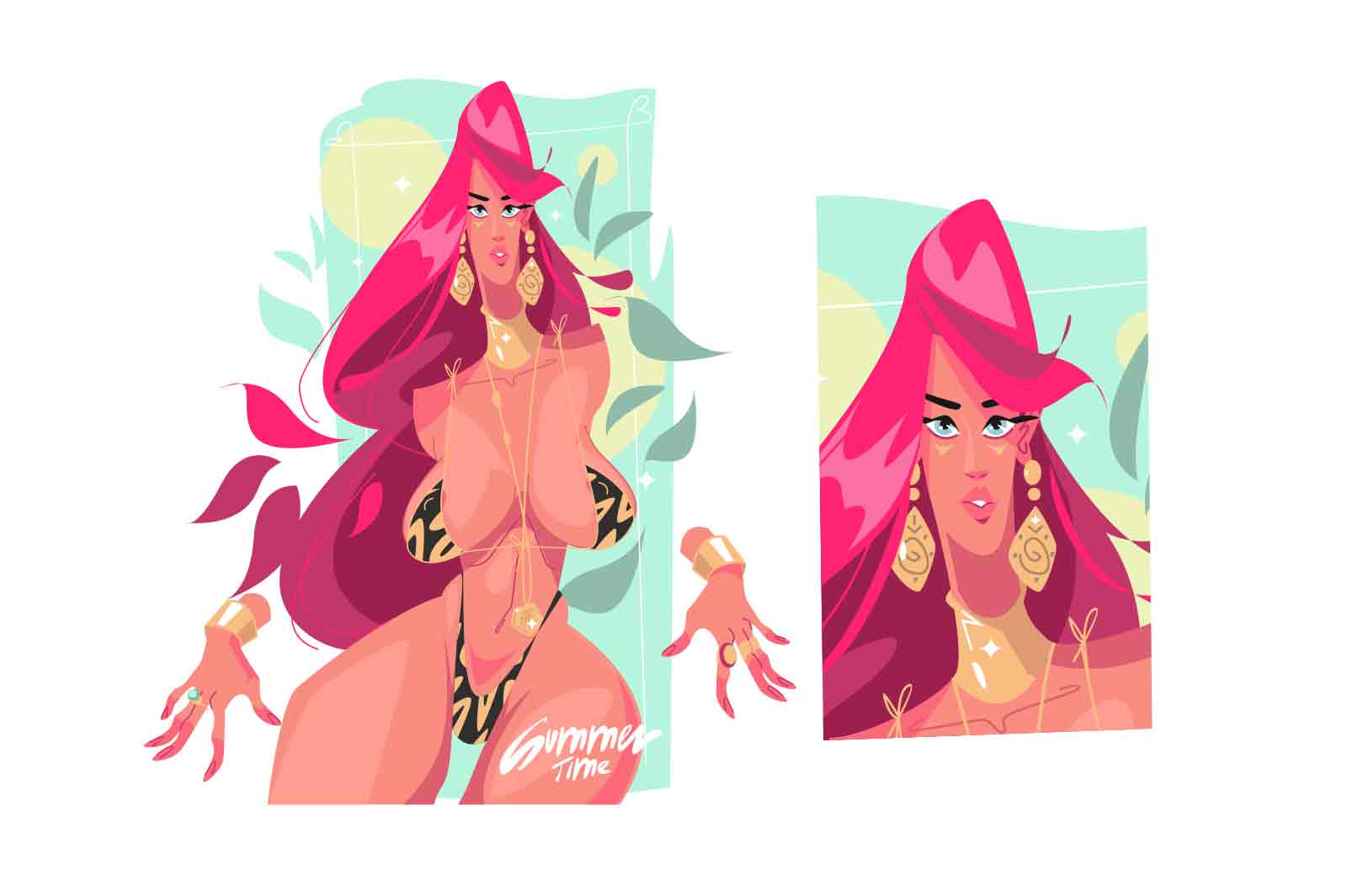 Pink-haired woman in bikini, vector illustration. The image is split into two panels with a light green background and abstract shapes