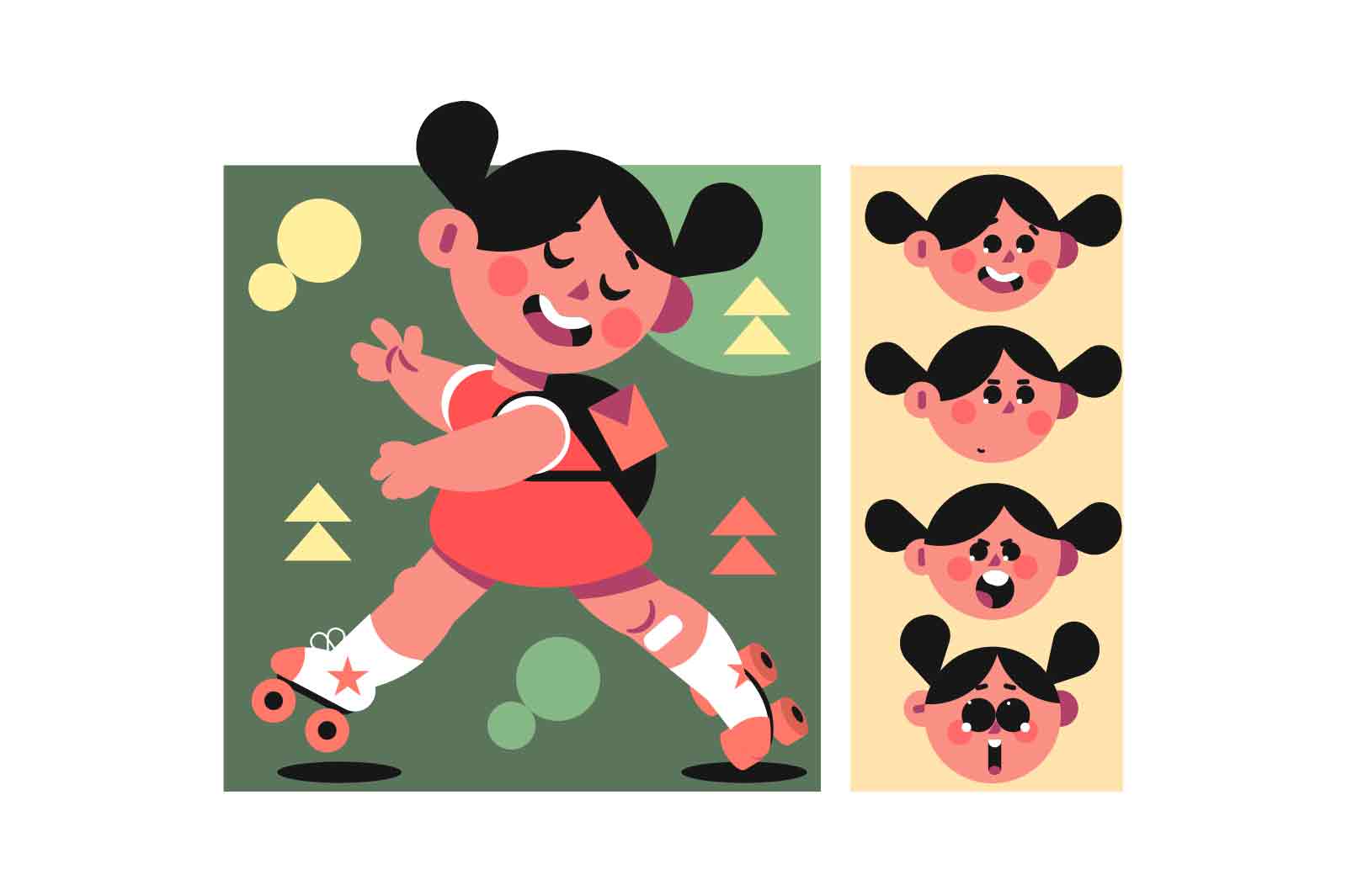 Vector illustration of girl roller skating on green background with yellow and pink triangles. Four different facial expressions.
