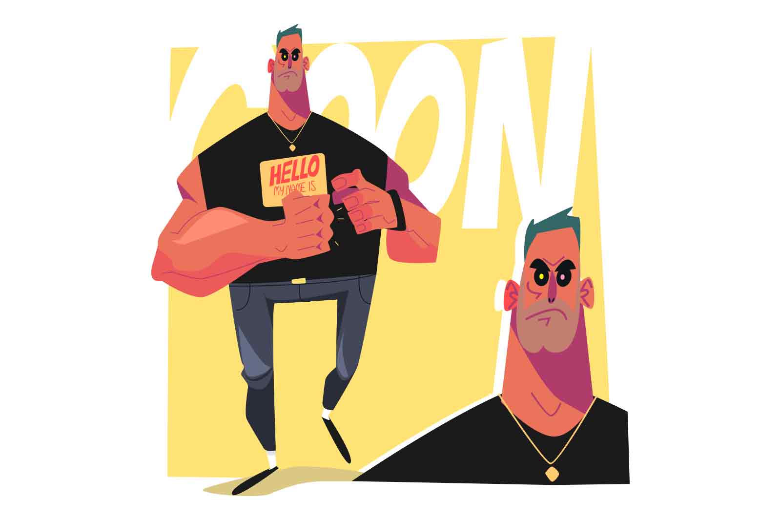 Aggressive man with big fists, vector illustration. Man wearing black t-shirt with Hello on it and blue jeans.
