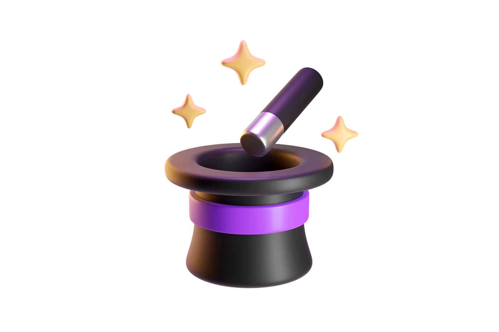 Magician’s hat and wand, 3D rendered illustration. A symbol of magic, mystery and fantasy.