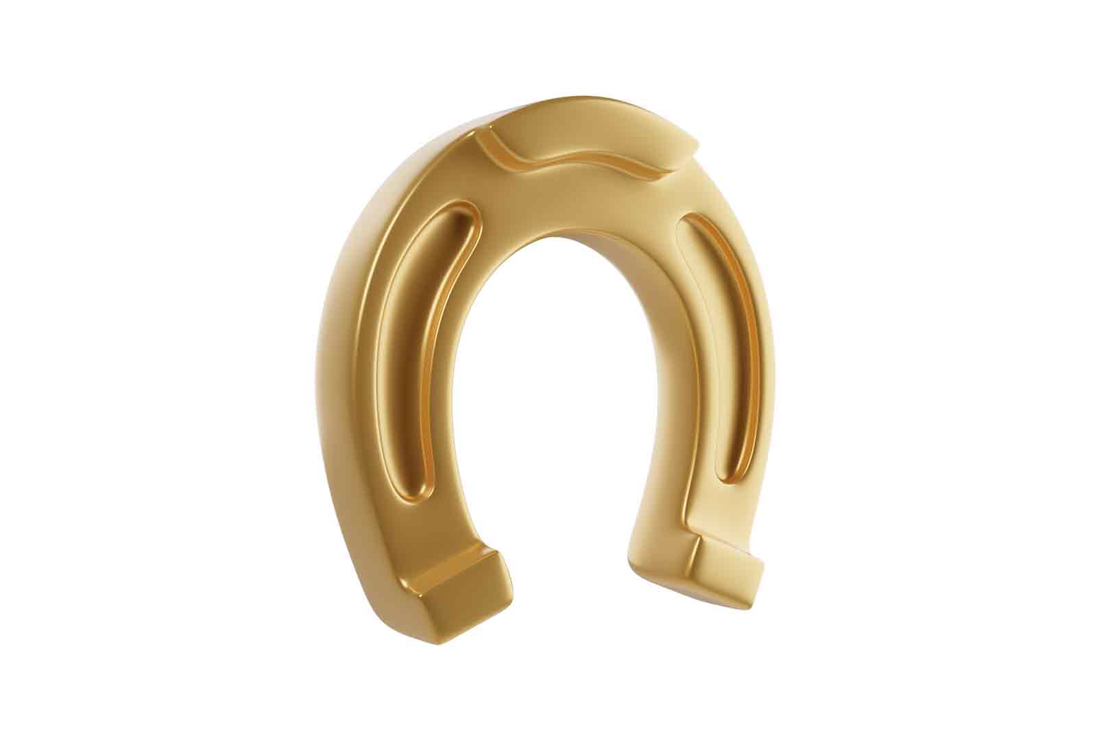 Golden Horseshoe, 3D Rendered Illustration of a shiny and smooth horseshoe facing upwards in a 3D perspective. The image symbolizes luck, fortune, and prosperity.