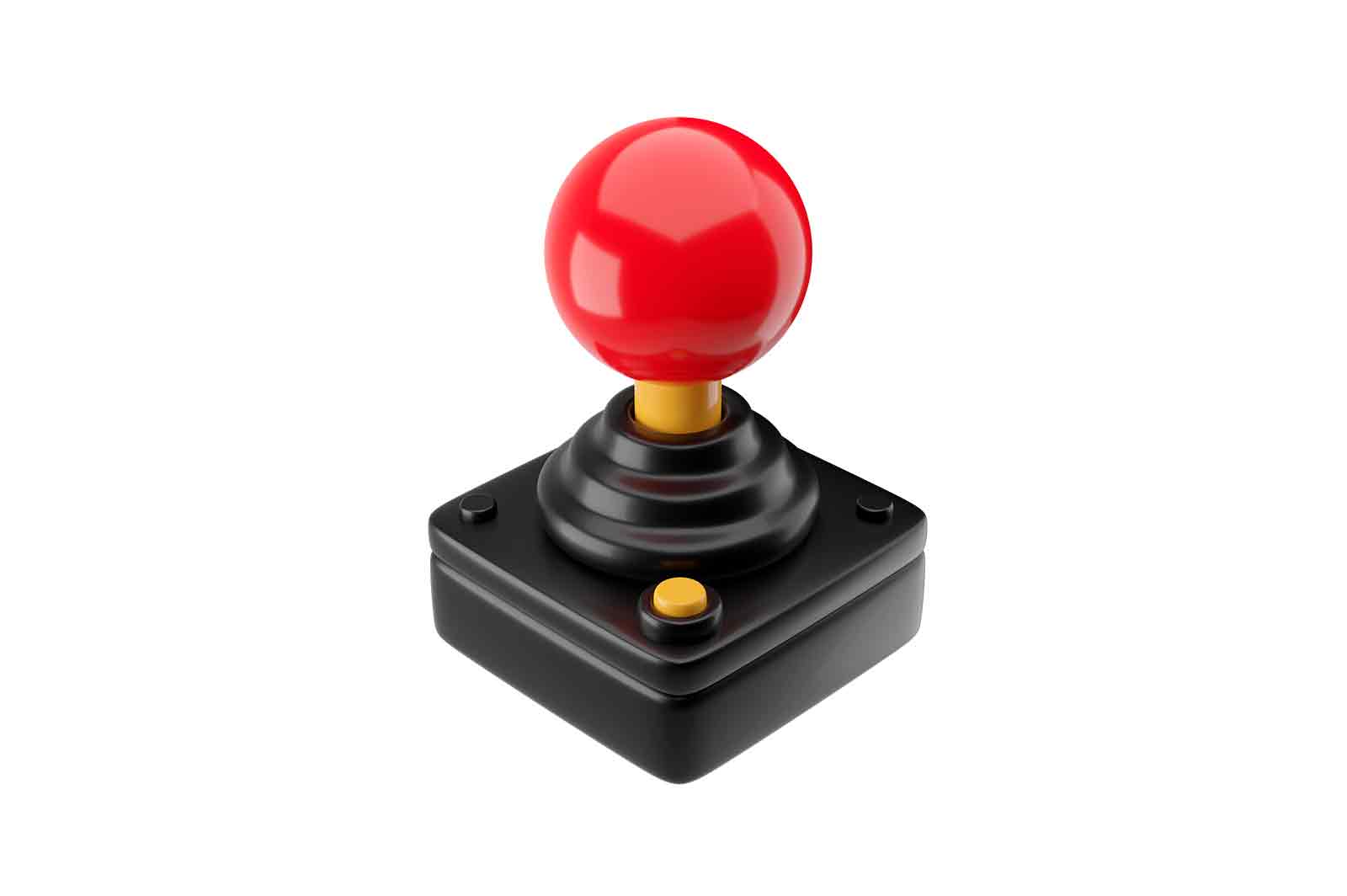 Joystick, 3d rendered illustration, with red ball on black stick and yellow button on black base. Isolated on white background, realistic look.