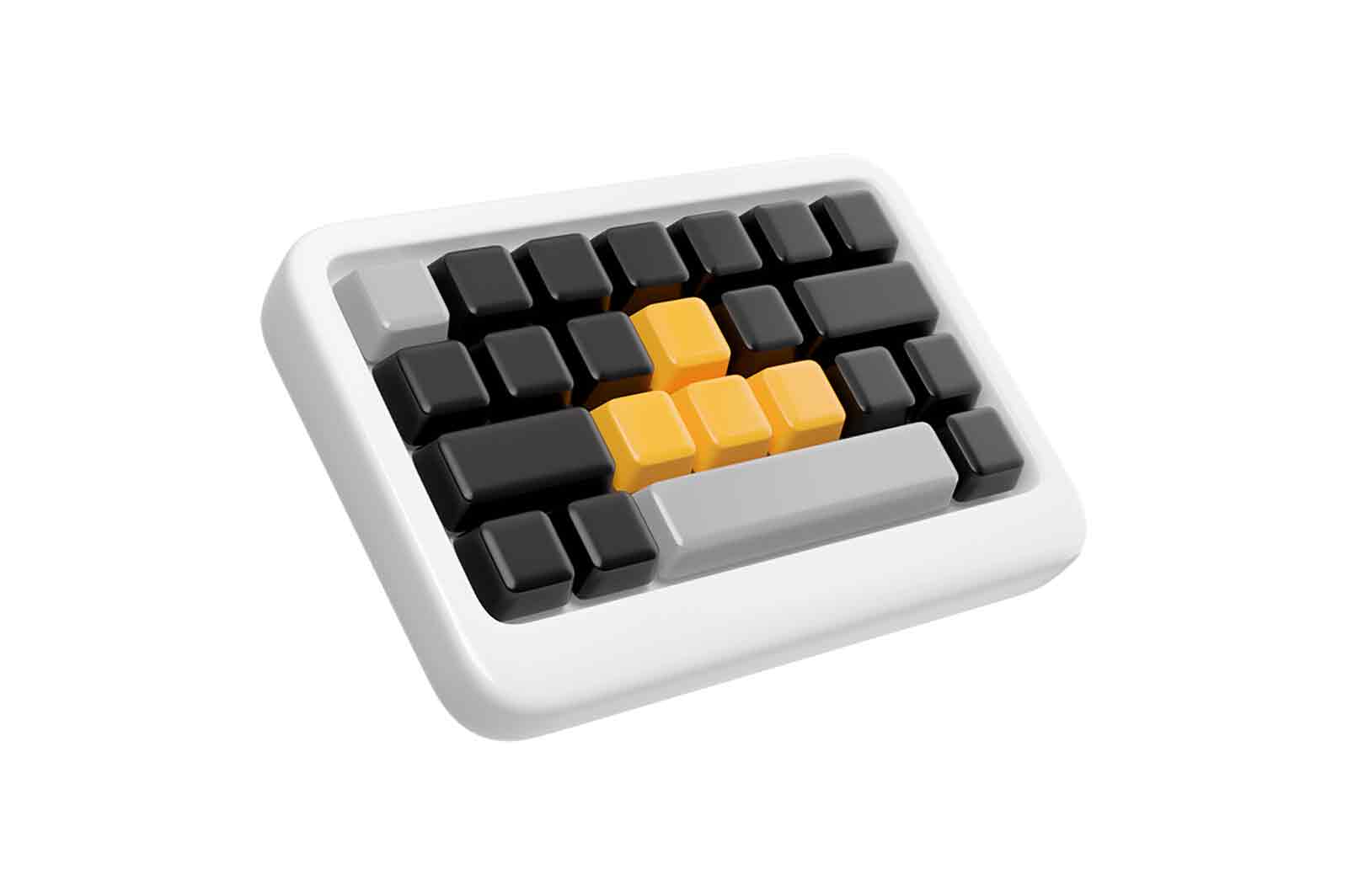 Mini keyboard, 3d rendered illustration, with black and yellow keys and white body. Isolated on white background, realistic look.