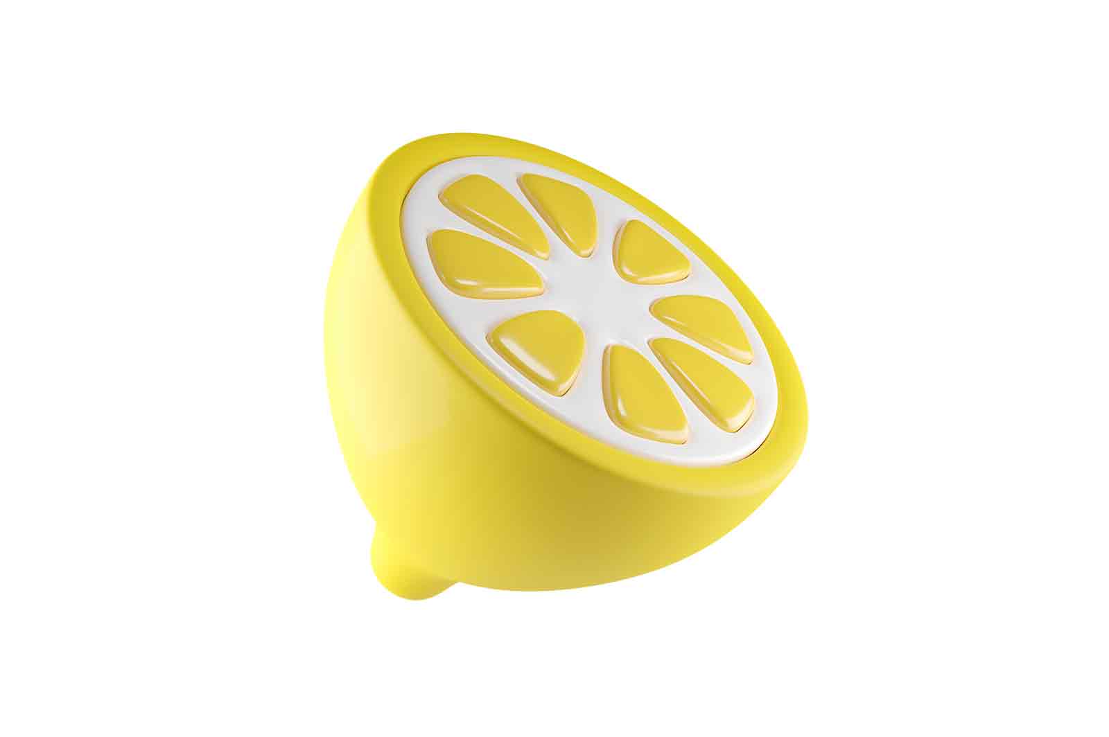 Lemon squeezer, 3d rendered illustration of a yellow plastic that is shaped like a lemon.