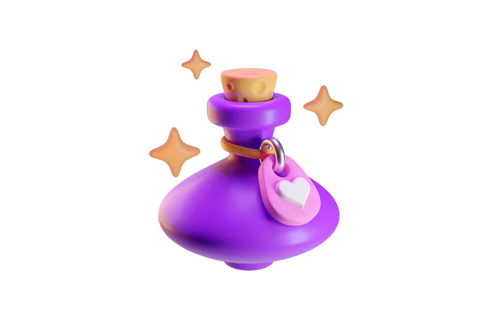 Purple potion bottle, 3D rendered illustration. A magical item for love and romance.