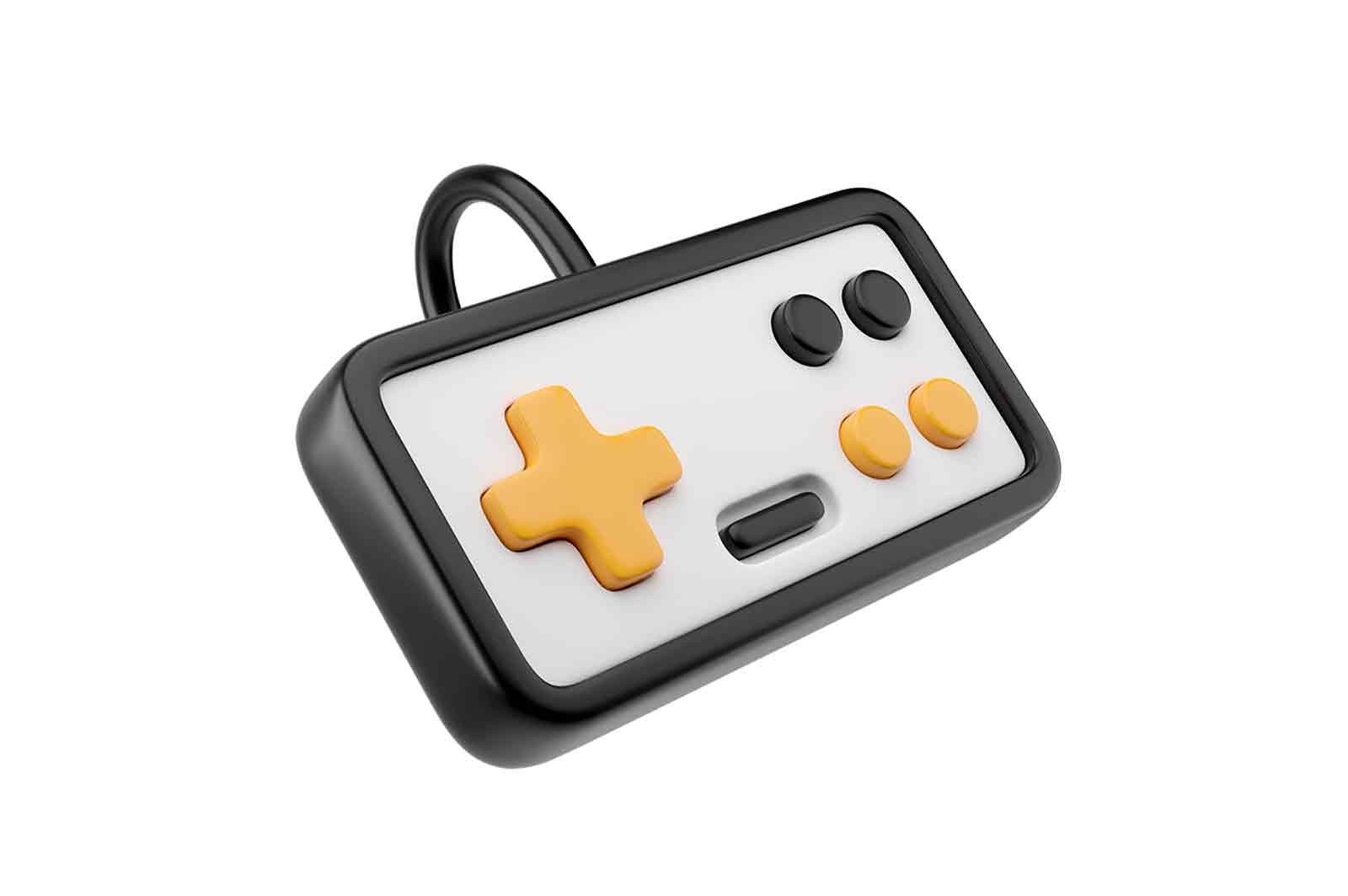 Game controller, 3d rendered illustration, with yellow buttons and black body. Isolated on white background, realistic look.
