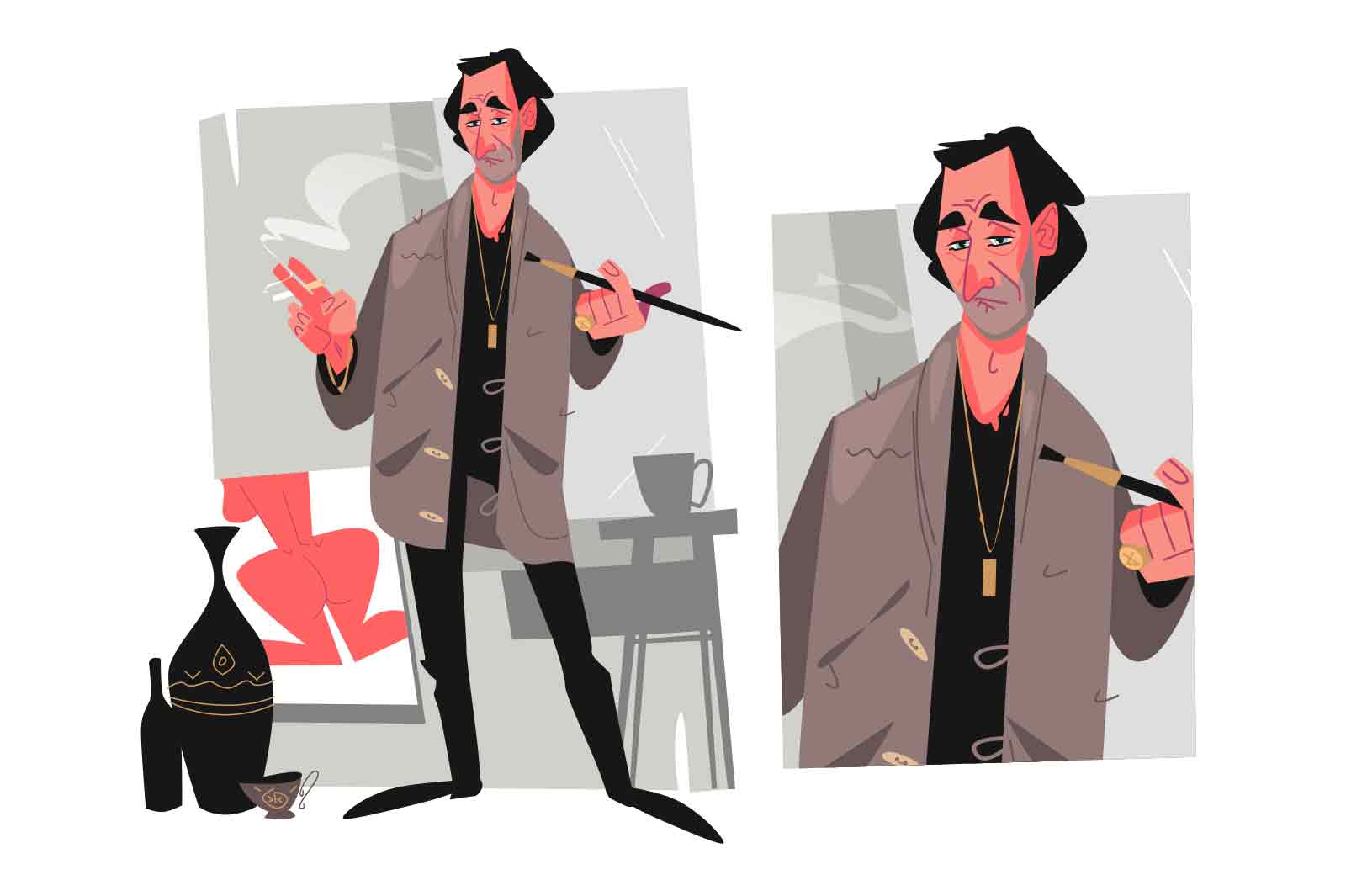 Painter with cigarette and brush, vector illustration. Painter wearing beret, a scarf, and a smock. He holding cigarette and brush in hand.