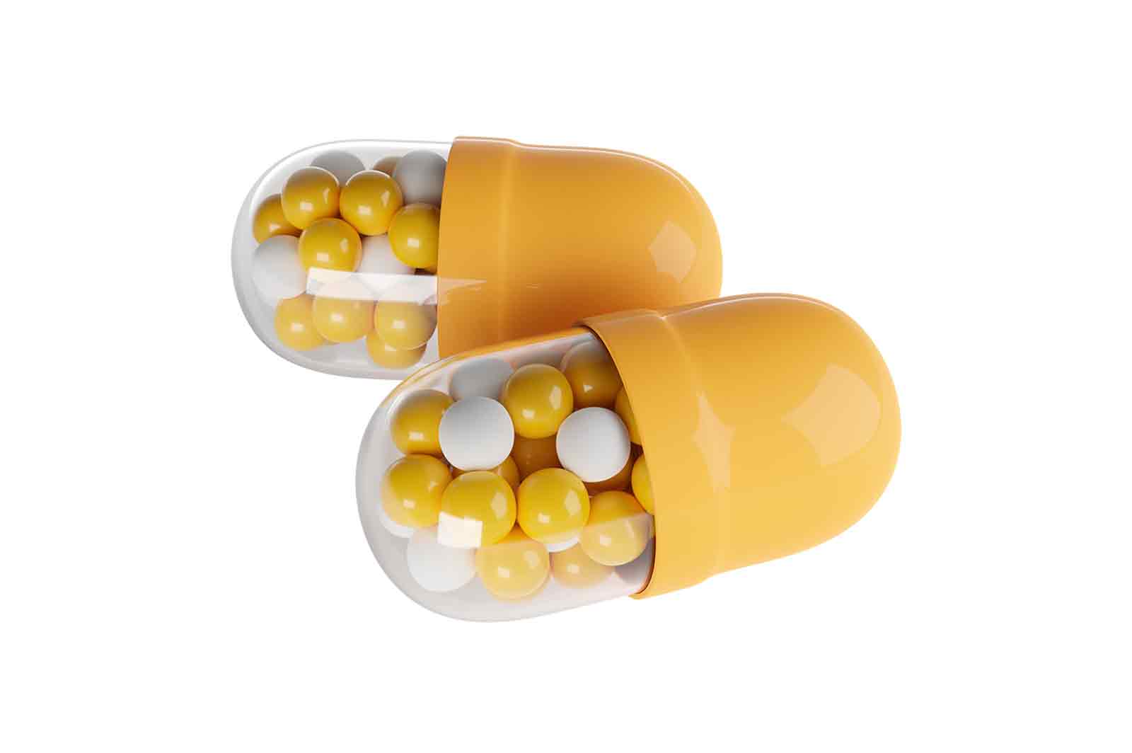 Pills with medicine inside, 3d rendered illustration. Solid dosage forms that contain active ingredients and excipients