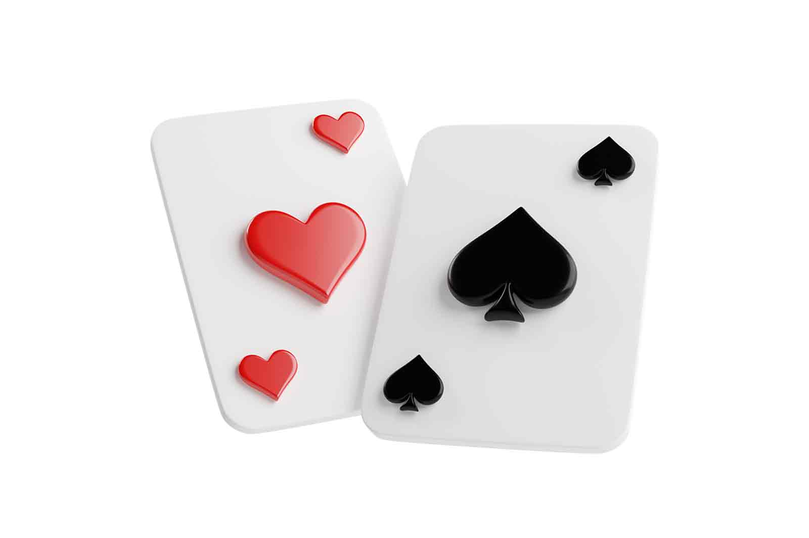 Three of Hearts and Spades, 3D Rendered Illustration of two white playing cards with rounded corners, one with three red hearts and one with three black spades. The image symbolizes card games, gambling, and luck.