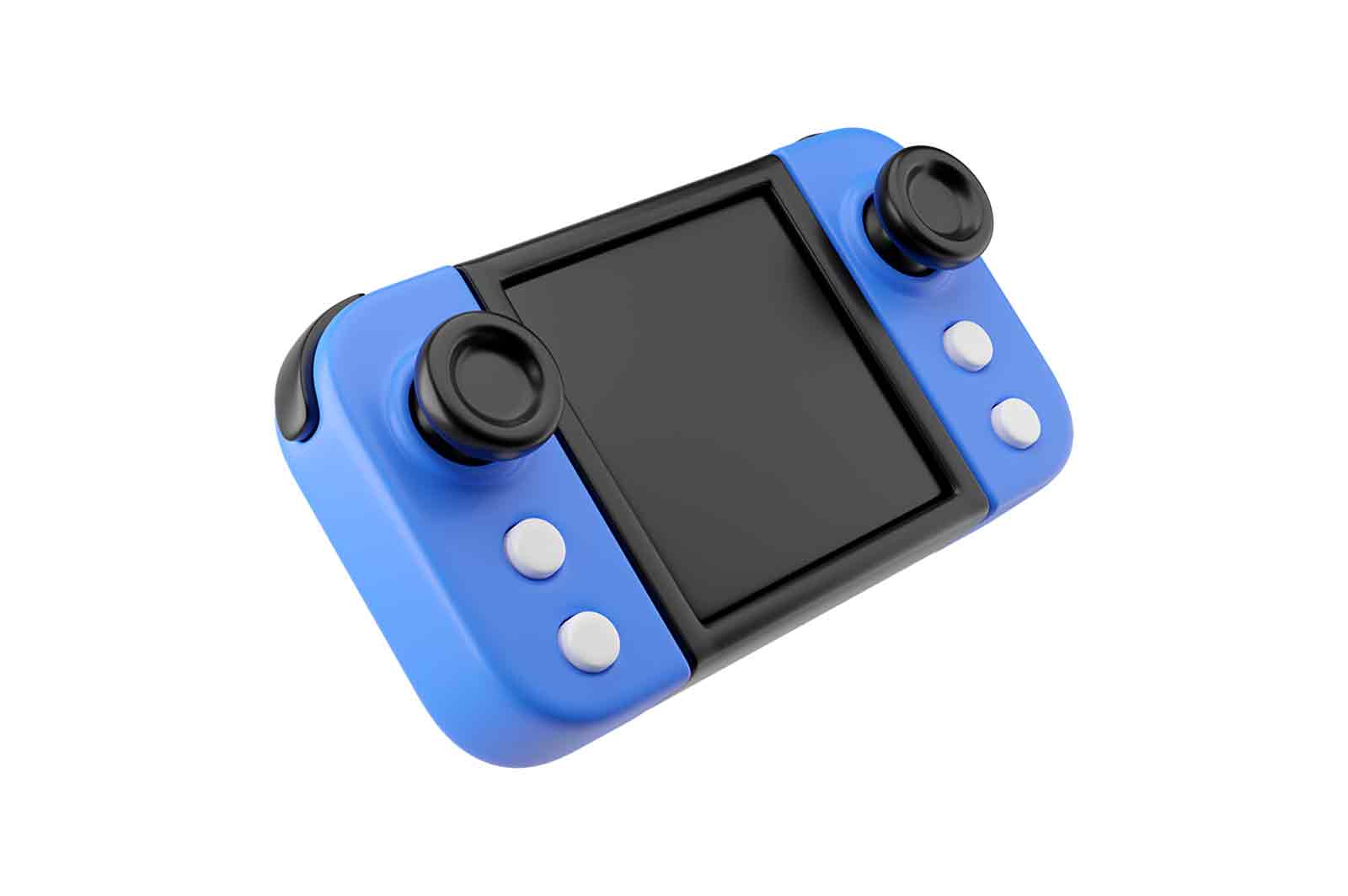 Handheld game console, 3d rendered illustration, with blue body and black screen. Two joysticks and six buttons on the top. Isolated on white background.
