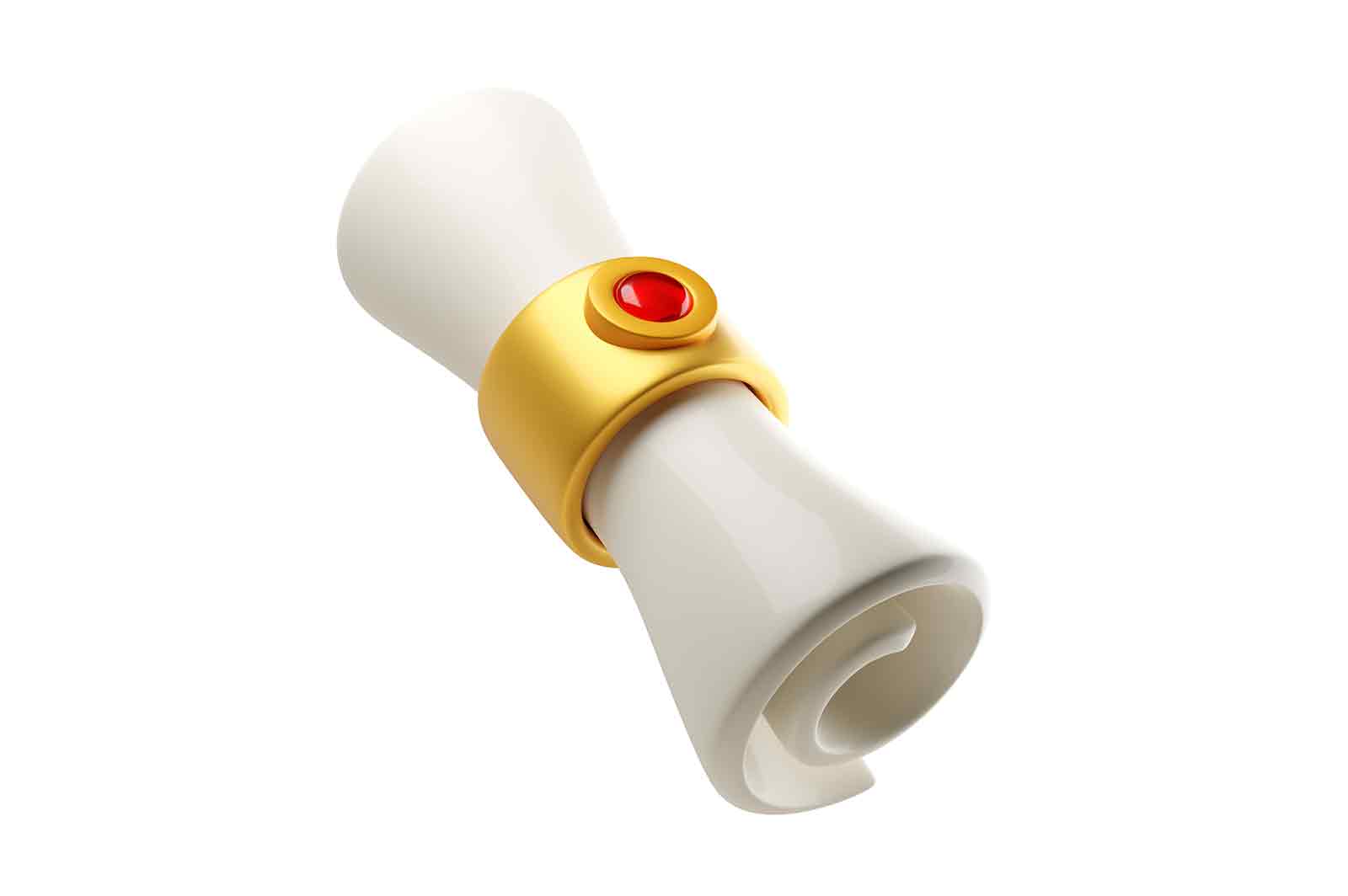 Scroll or manuscript with gold band and gemstone, 3d rendered illustration. Symbol of history, literature, or mystery.