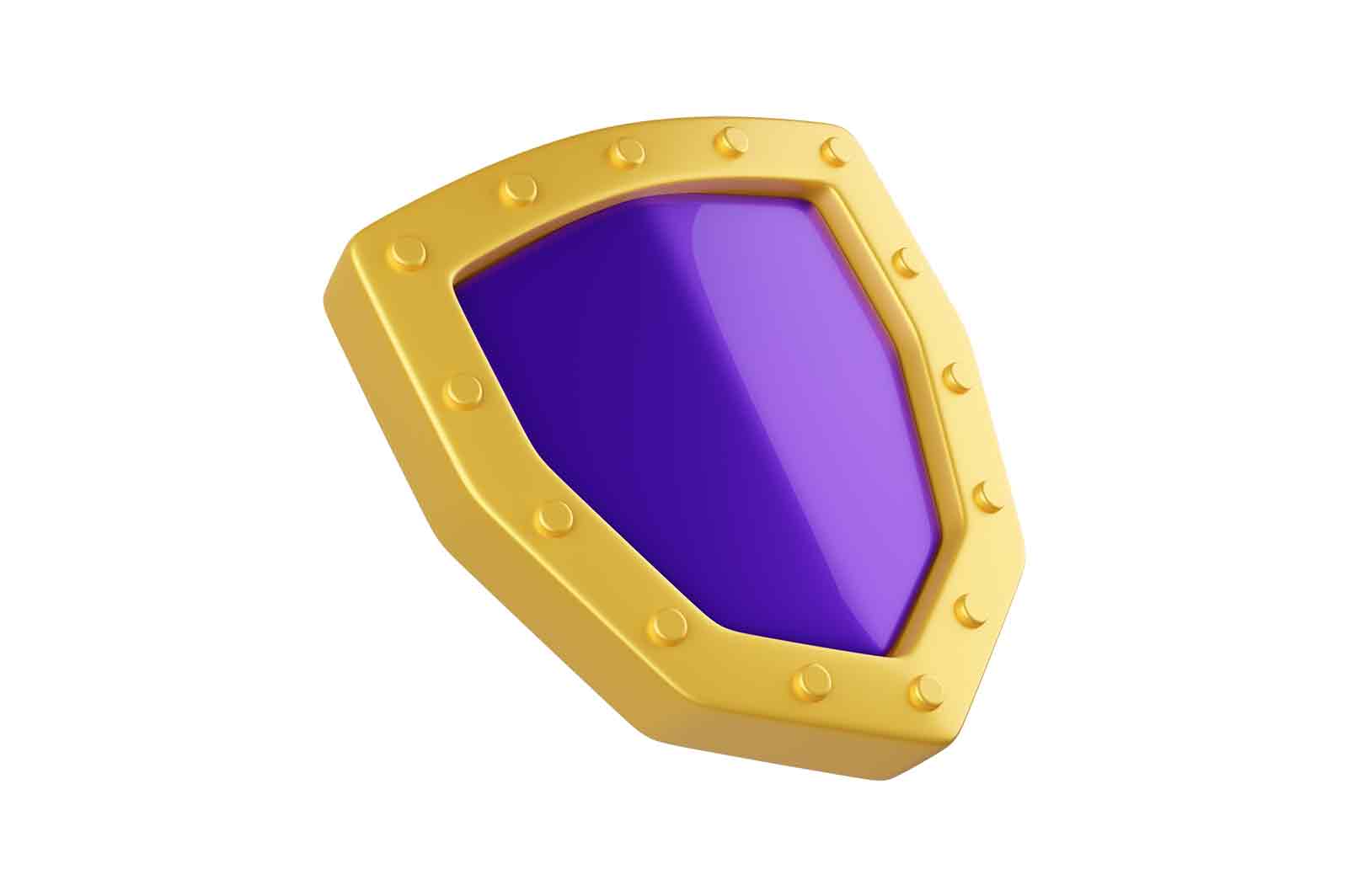 Gold shield with purple center, 3d rendered illustration. Symbol of protection, security, or nobility.
