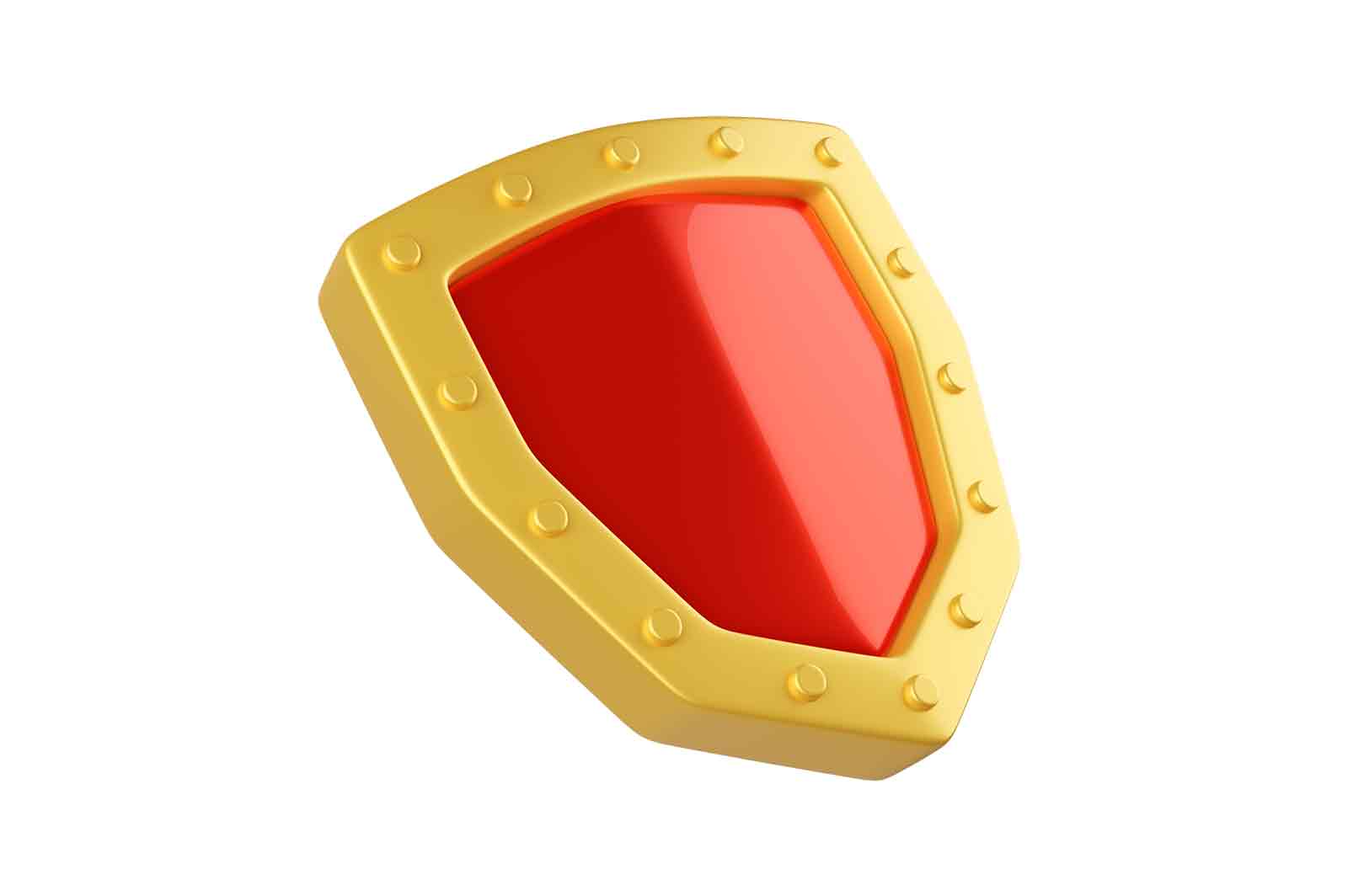 Gold shield with red center, 3d rendered illustration. Symbol of protection, security, or nobility.