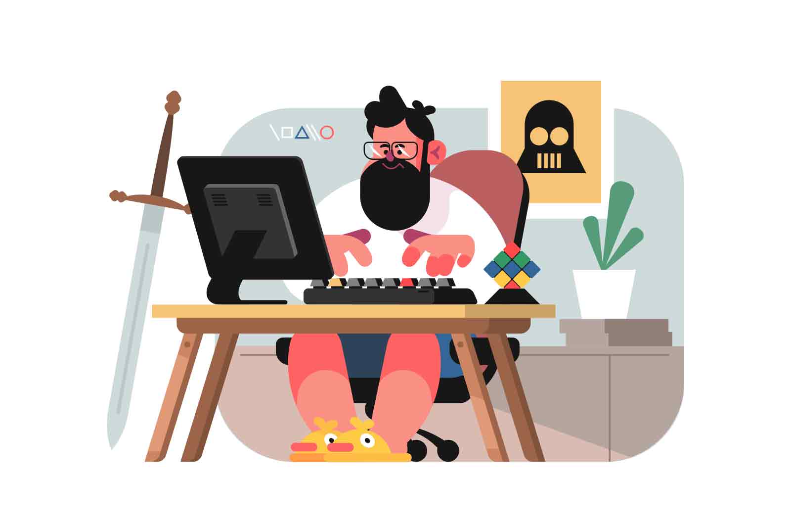 Man by Computer and Sword at Desk, vector illustration. Bearded man wearing red shirt sits on chair by wooden desk.