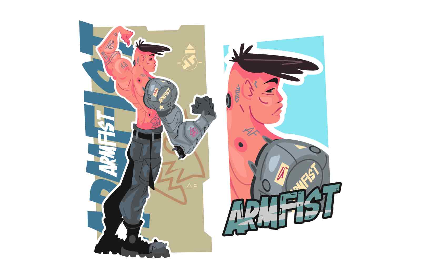 Powerful man with mechanical arm, vector illustration. Gray-suited man with metal fist. Arm raised near face